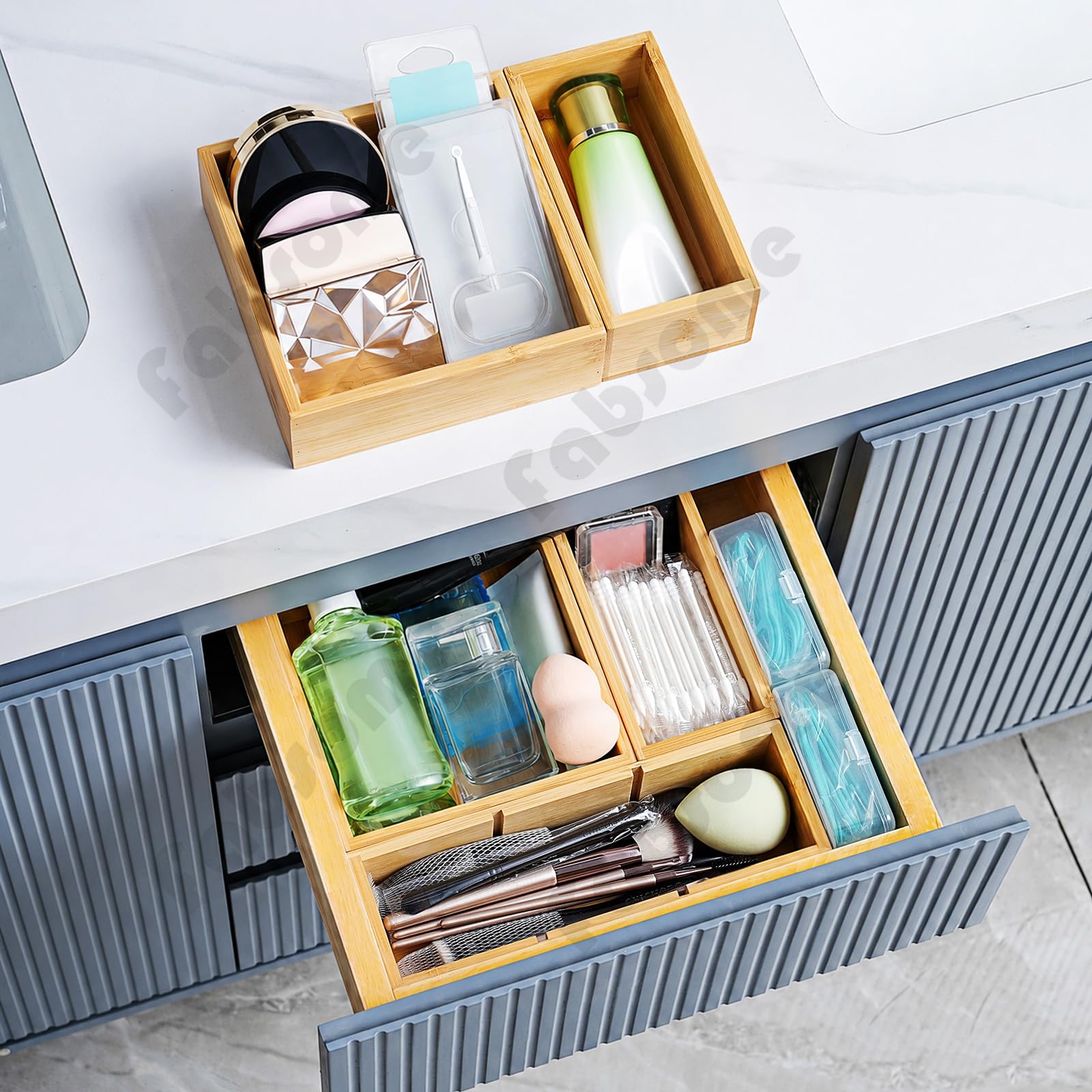 Fabsome Schubladen-Organizer, Bambusholz, für Küche, Make-up, Schreibtisch, Junk, Tee, Schublade, Aufbewahrungsboxen für Besteck, kleine Holzbehälter für Badezimmer, Büro, 9 Stück