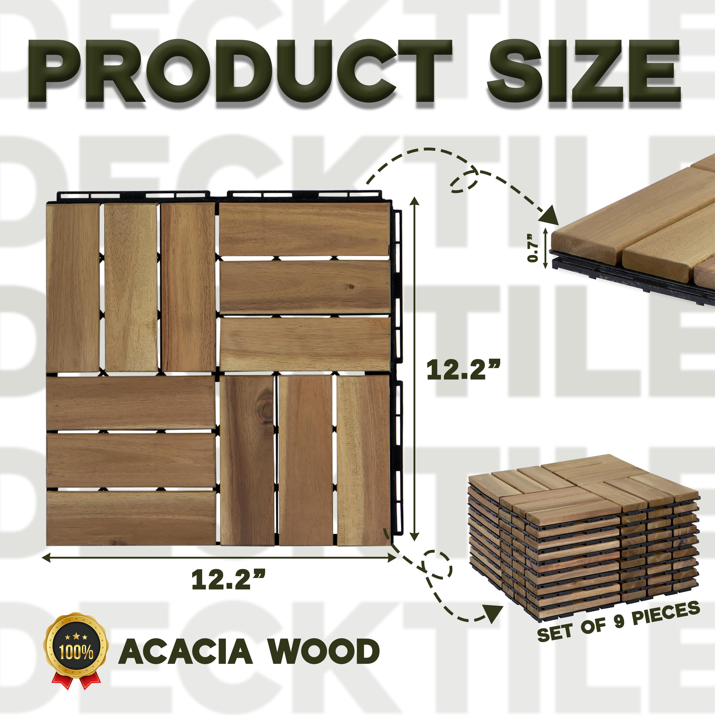 VICTORY RELAX Piastrelle ad incastro per pavimenti in legno di acacia, 9 pezzi, 12 doghe in rovere bianco, impermeabili, decorazione per interni ed esterni, per balcone, giardino, terrazza (31 x 31 x