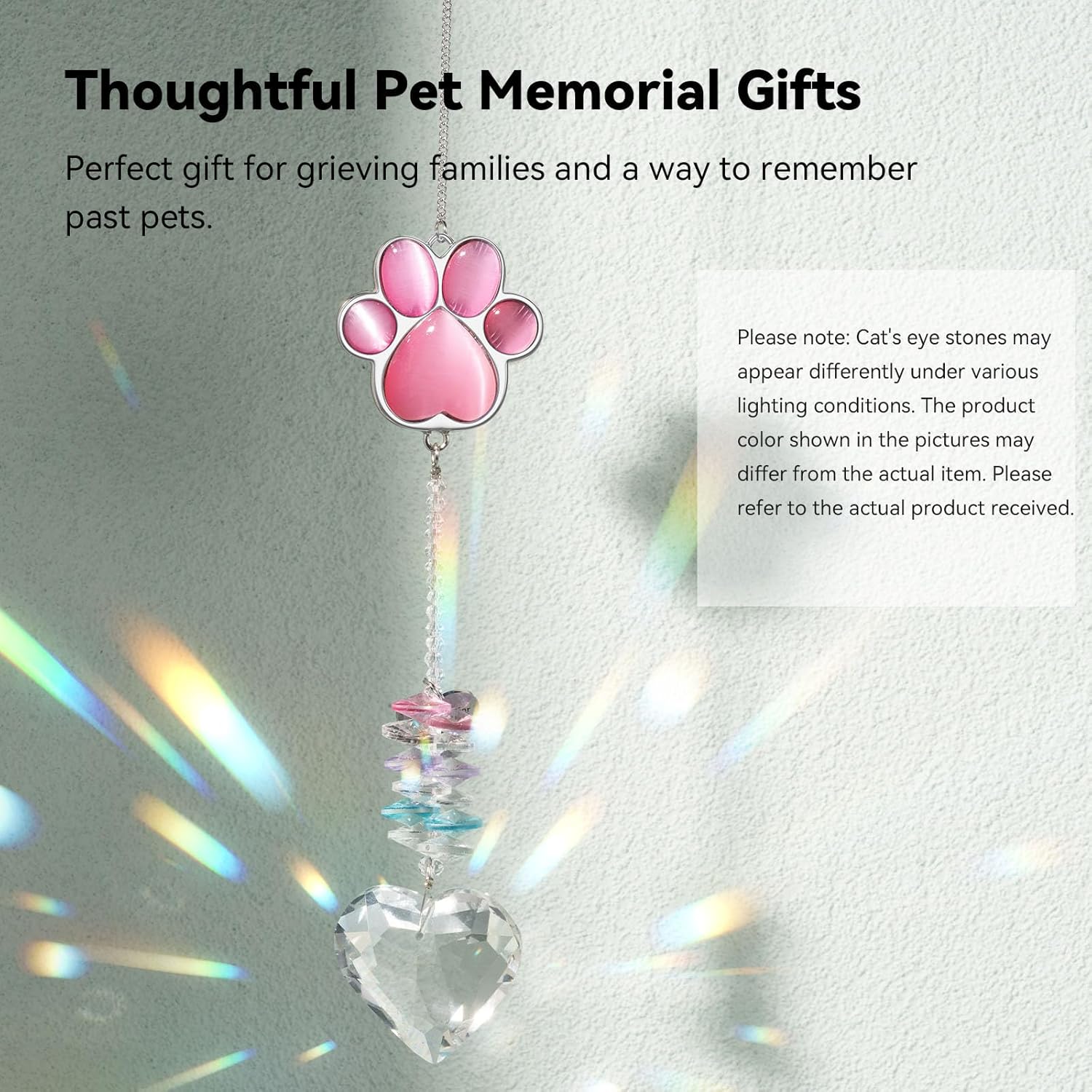 Pet Memorial Suncatcher - Dog Memorial Gifts, Pet Loss Sympathy, Thoughtful Dogs and Cats Bereavement Remembrance Gifts, Natural Cat's Eye Paw Crystal Suncatcher(Pink) - Image 5