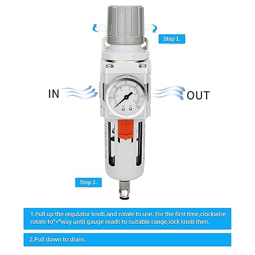 Miniatura 25 de NANPU Regulador de filtro de aire comprimido NPT de 1/2 pulgada combinado a cuestas, elemento de latón de 5 micrones, cuenco de polietileno, drenaje