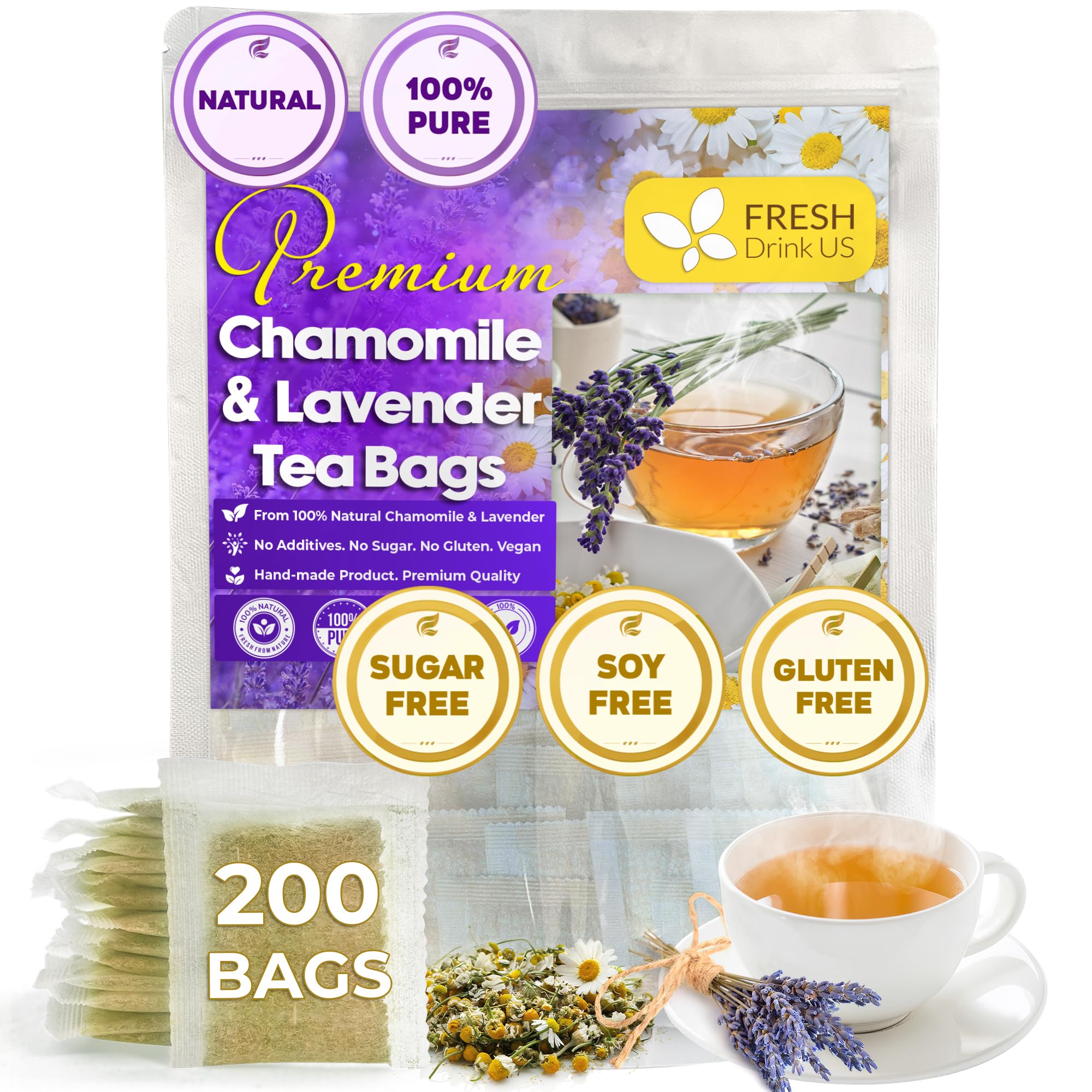 FreshDrinkUS, Premium 200 Chamomile Lavender Tea Bags, 100% Natural Herbal Ingredients, Hand-made Blend of Chamomile Lavender Flowers, Eco-conscious Tea Bags. No Sugar, No Caffeine, No Gluten, Vegan.