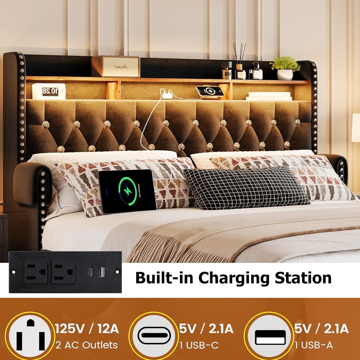Ailisite Queen Size Bed Frame with 4 Storage Drawers,Velvet Upholstered Queen Platform Bed with Charging Station and Storage Headboard, Led Queen Bed Frame, Crystal Deco, No Box Spring Needed,Black