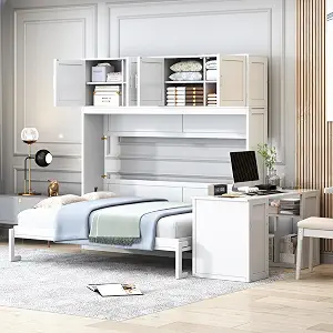 Merax Queen Size Wall Murphy Bed with Desk and Storage Shelves, White
