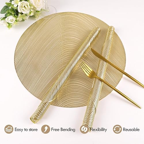 Miniatura 3 de Juego de 6 manteles individuales dorados de vinilo prensado de línea redonda de 15 pulgadas, lavables para comedor, boda, centro de mesa, decoración