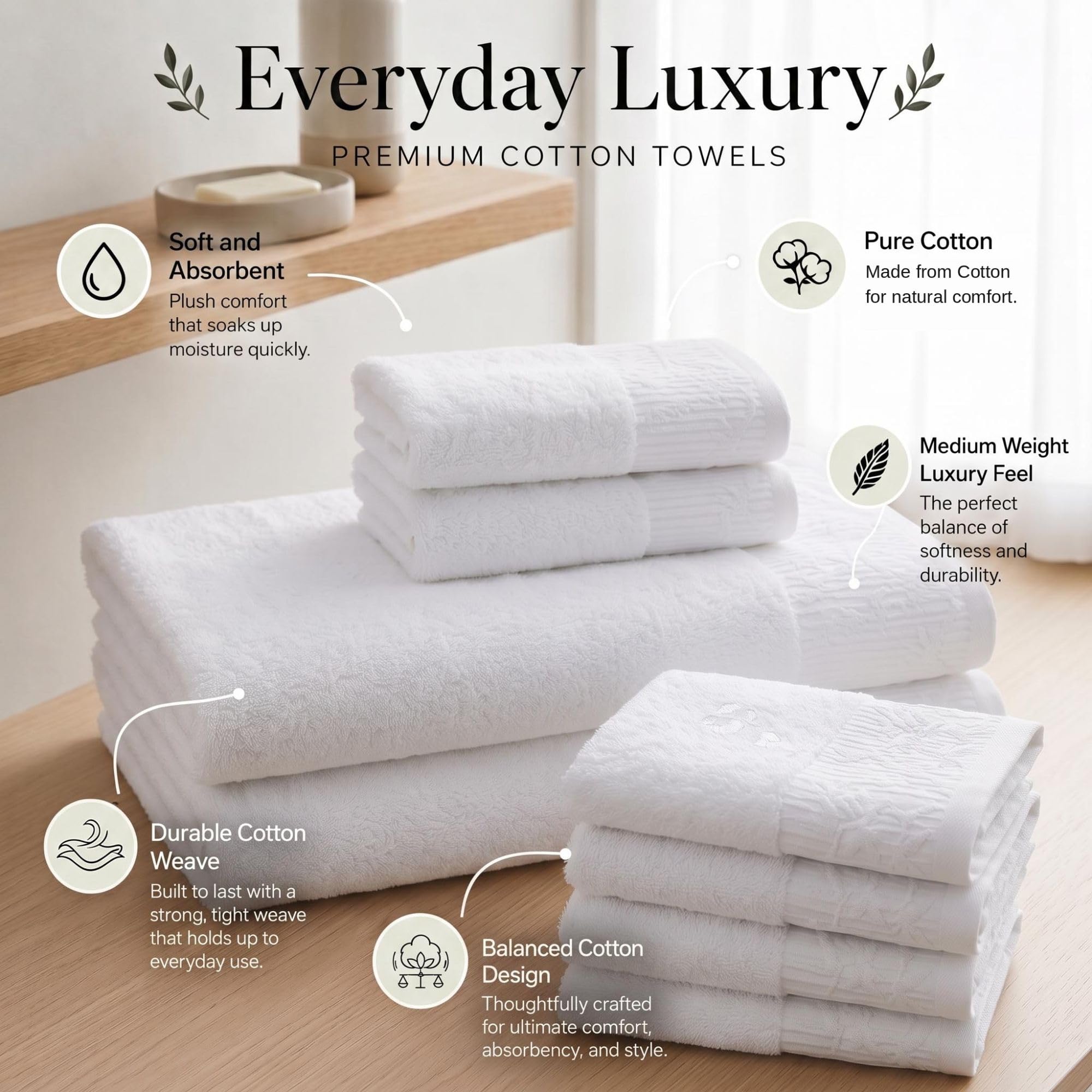 Superior Asciugamani in cotone (set da 4), bordo jacquard floreale, peluche, morbidi asciugamani per spa, palestra, bagno, cucina, arredamento, base per la casa, asciugatura quotidiana, collezione