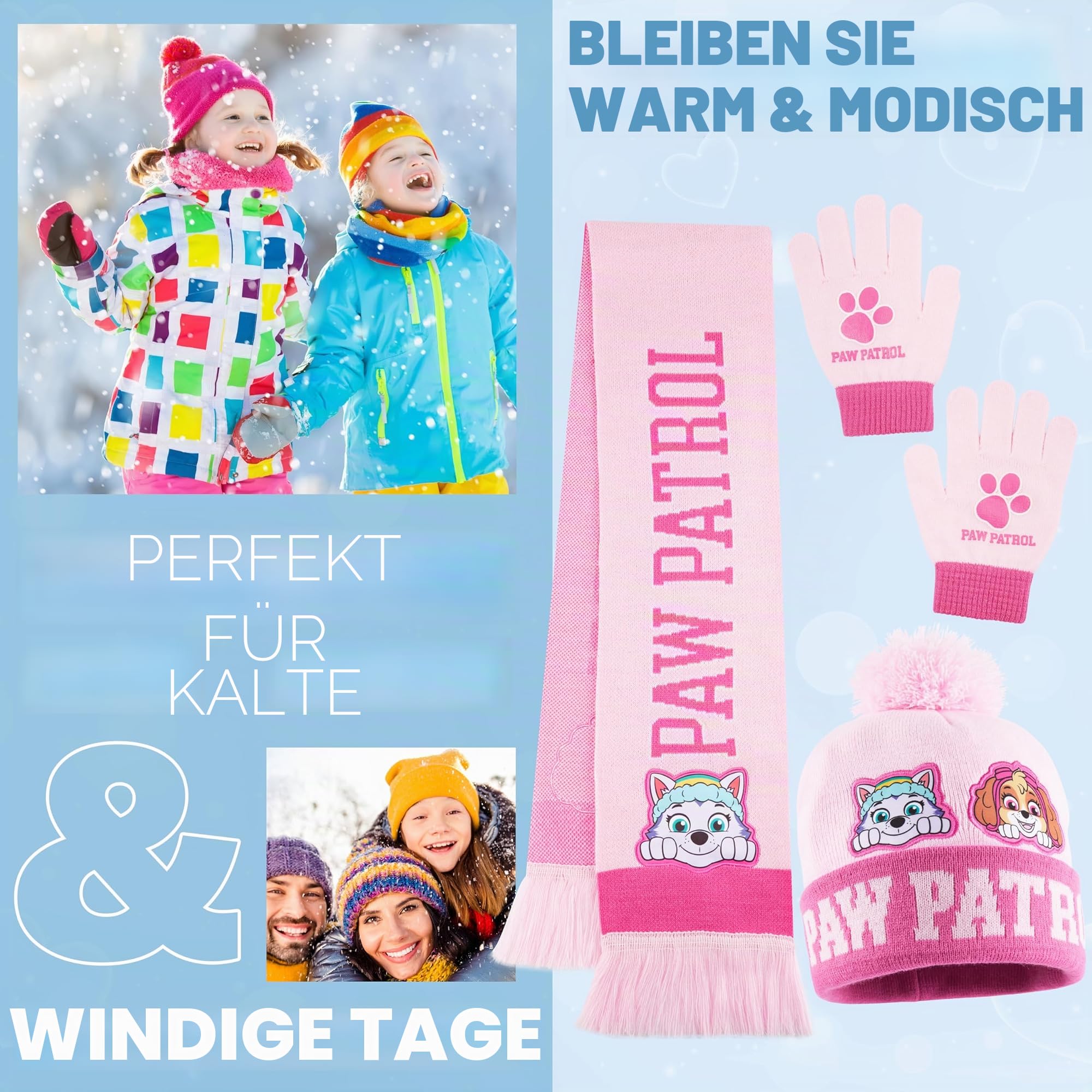 PAW PATROL Beanie Schal Handschuhe Set für Mädchen 3–7 Jahre, Weiches Strickmaterial, Kawaii Rosa Design, Geschenk für Kinder