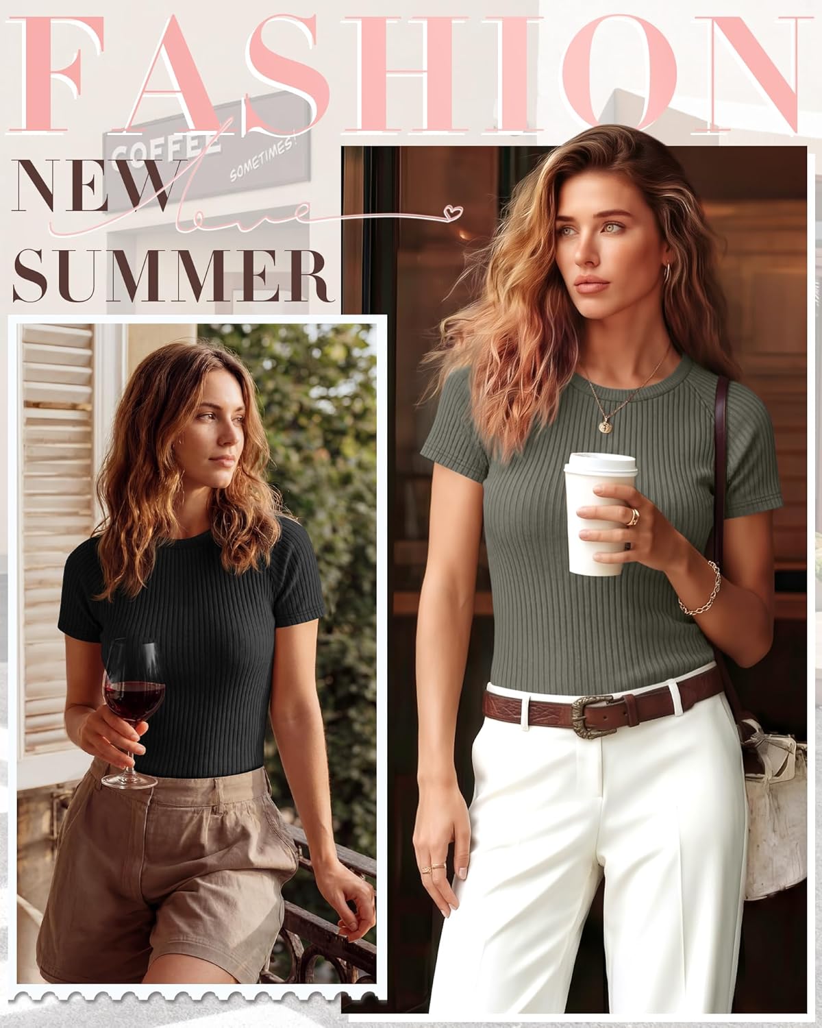 Ficerd 3 Pack Women's Ribbed T-Shirts Short Raglan Sleeve Cotton Tight Basic Tees Crewneck Slim Fit Tops Casual Summer Shirts - Image 2