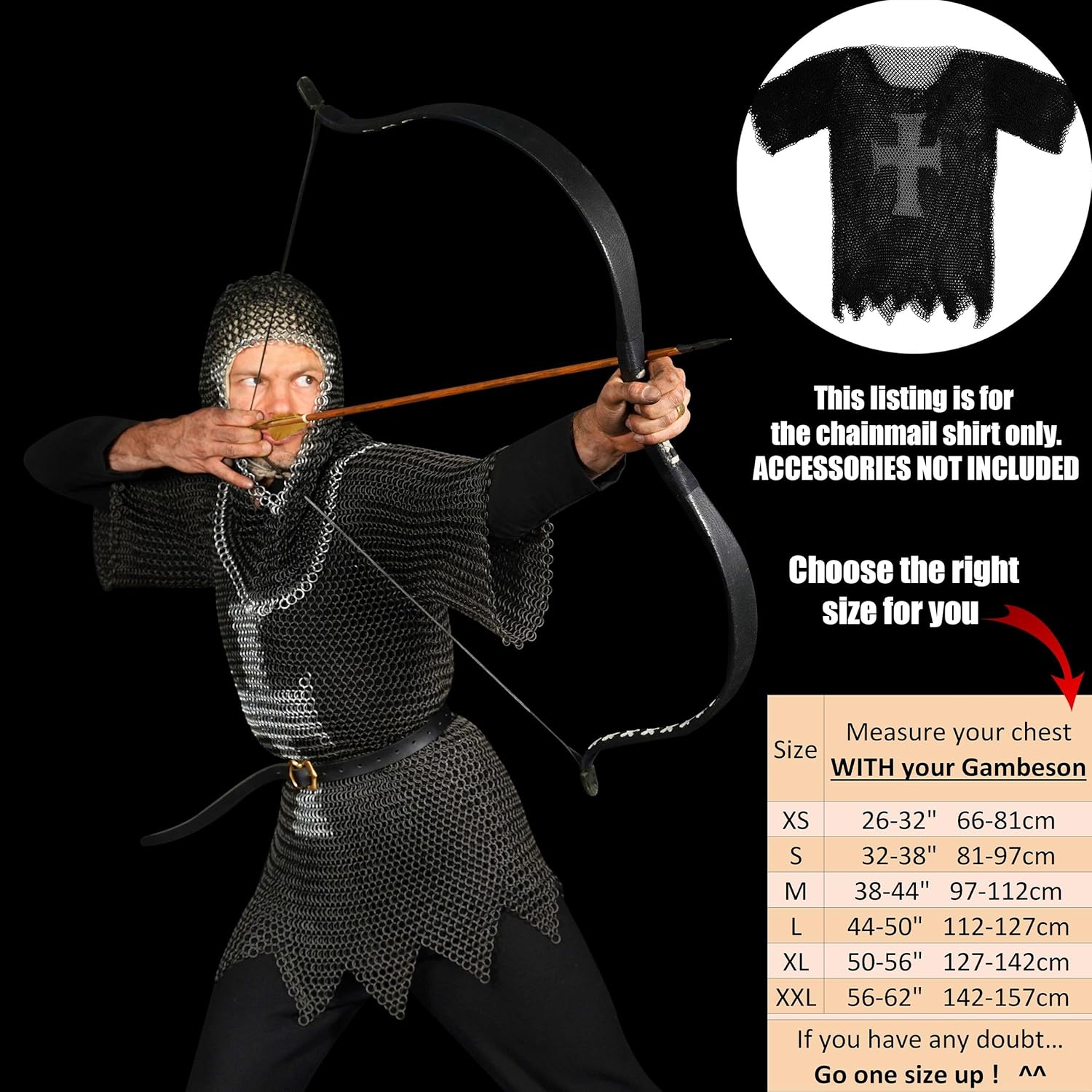 Mythrojan Chainmail Shirt Medieval Knight Armor Costume with Heavy Duty 16 Gauge Mild Steel Half Sleeves Templar Cross Shirt