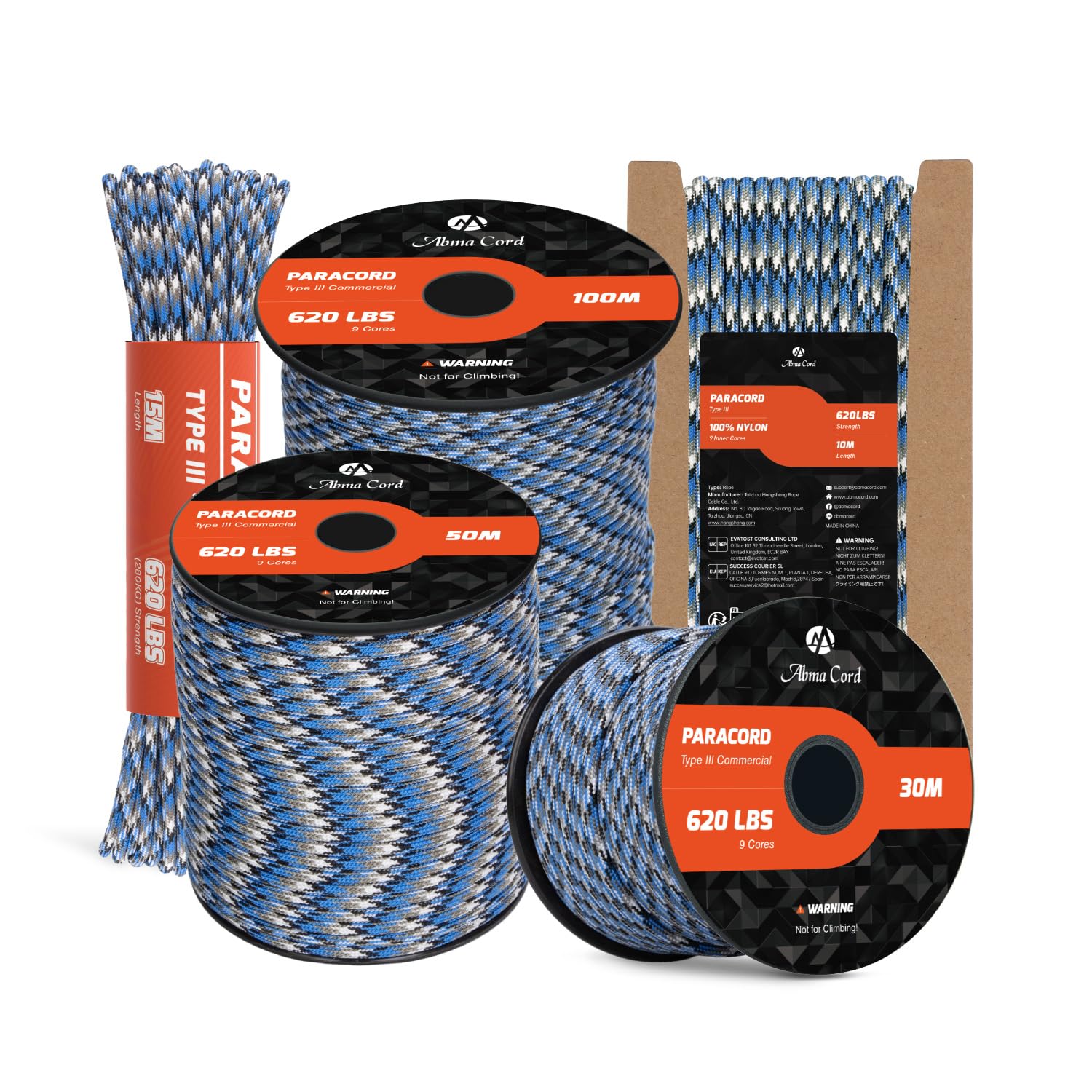 Abma Cord Paracord 4mm 10m 100% Nylon Rope 9 Strands Type III Parachute Cord for DIY, Camping, Survival, Outdoor - Max. 280kg - Blue Snake