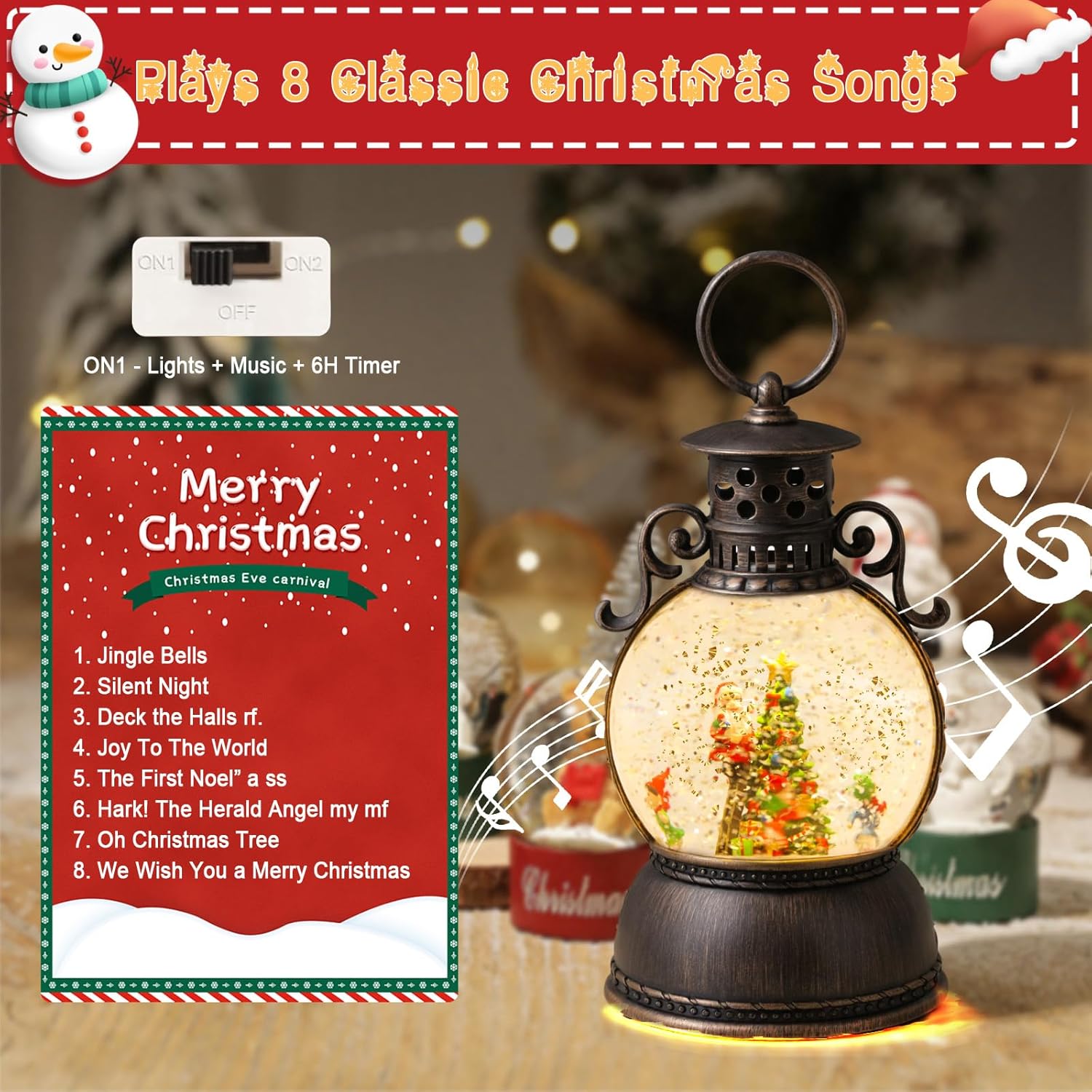 Christmas Snow Globe Lantern - Lighted Musical Water Globes with 6H Timer, Glittering Swirling Santa & Gnomes Scene, Battery/USB Powered Holiday Decoration for Indoor Christmas Decor & Gifts - Image 4