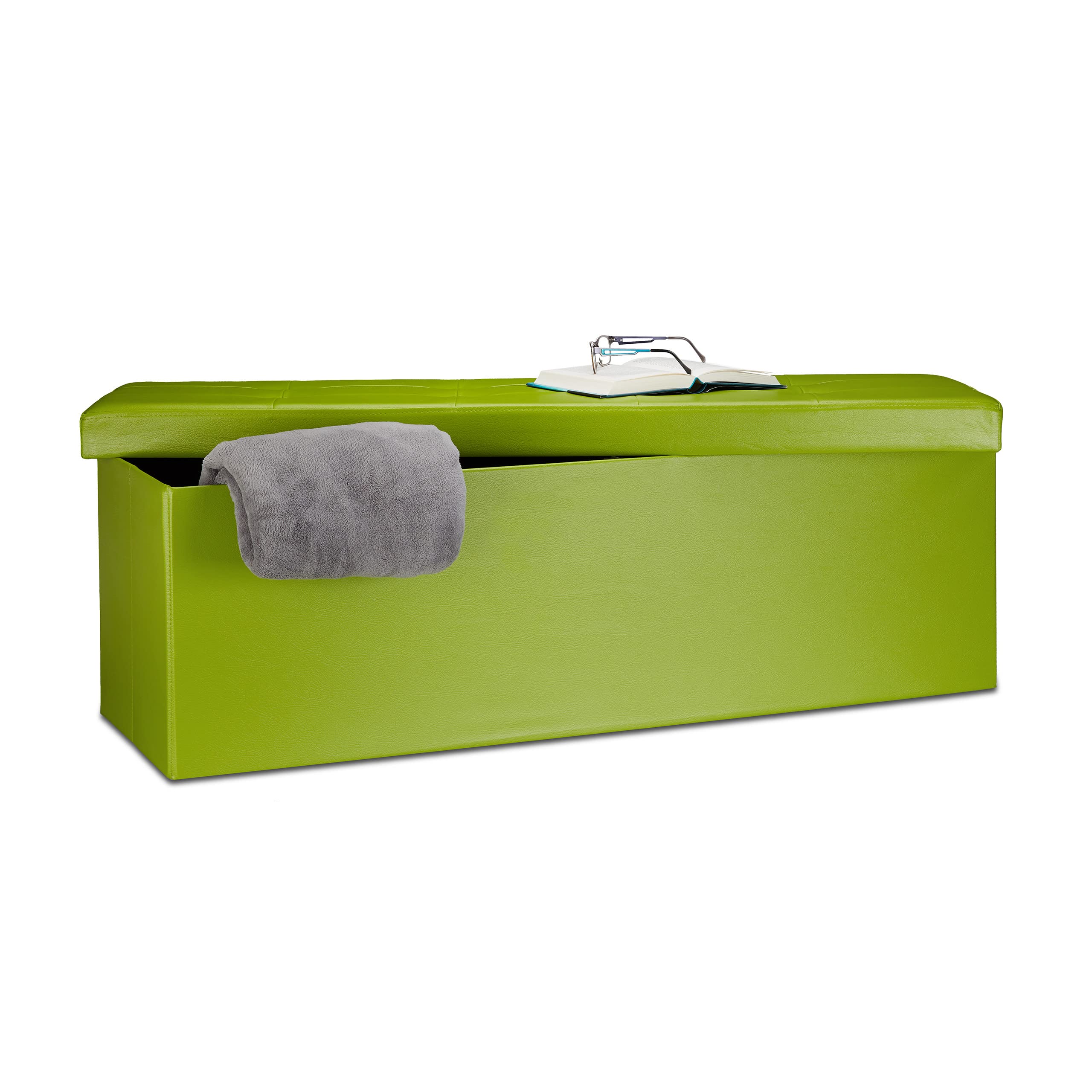 Relaxdays Banco plegable, Baúl de almacenaje XL, Asiento cómodo, Cuero sintético & MDF, 38 x 114 x 38 cm, Verde