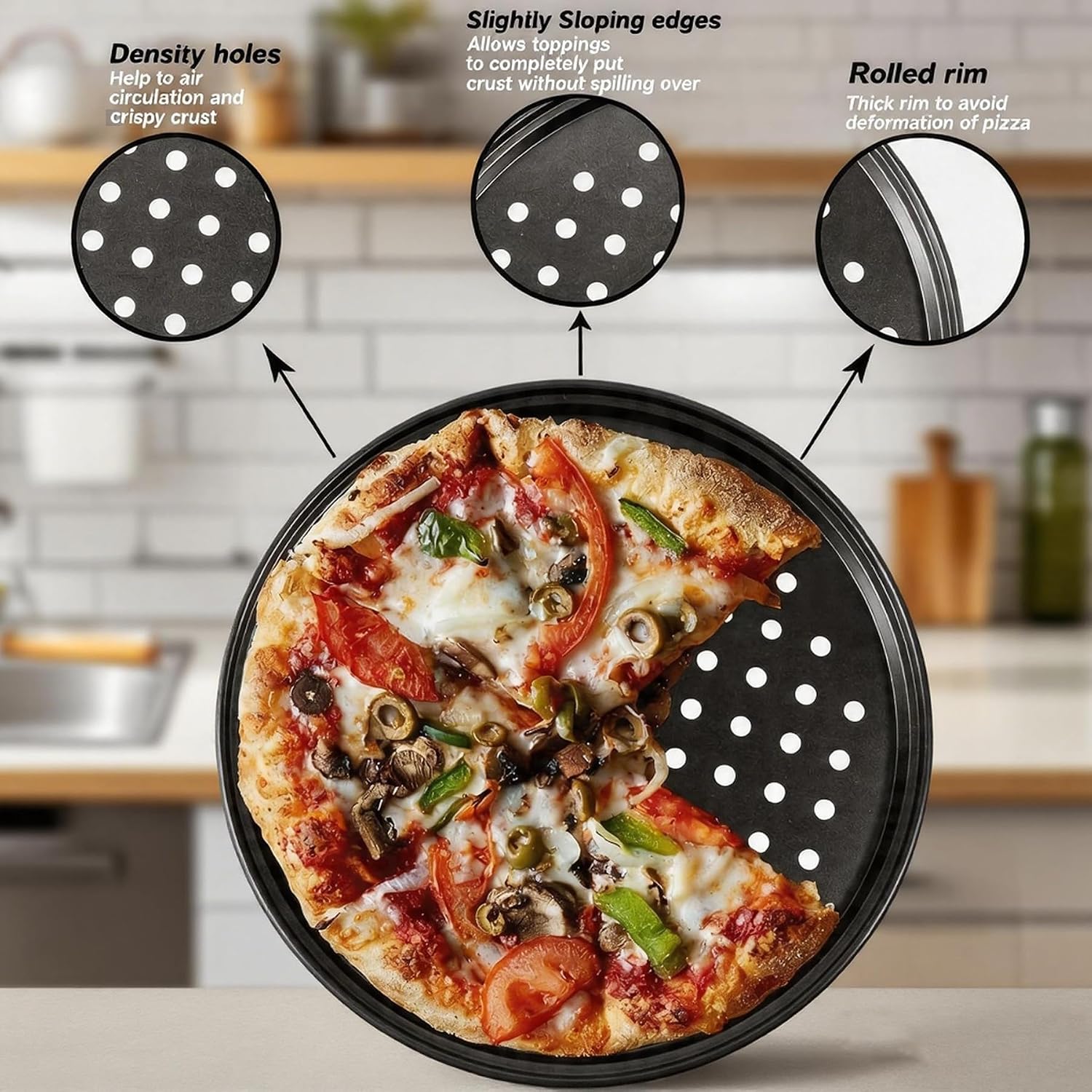 12-inch Perforated Oven Pizza Pan, Carbon Steel Perforated Pizza Tray and Cutter Set, Compatible with Breville Smart Ovens, Non-Stick Baking Pan, Home Pizza Oven Accessories image 4