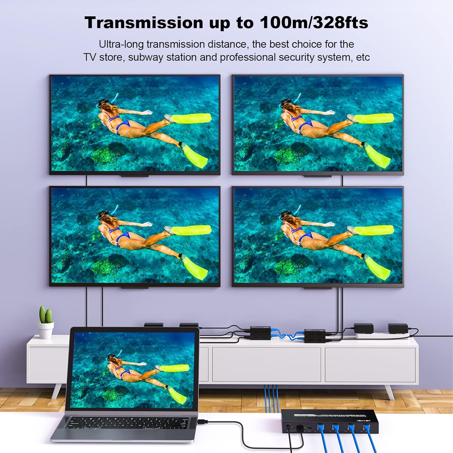 HDMI Extender Splitter 1 x 4, JCHICI 4K@30Hz 100M(328fts) HDMI Splitter with Loopout and EDID Copy Function, Lossless Transmission and Zero Latency, Support 3D