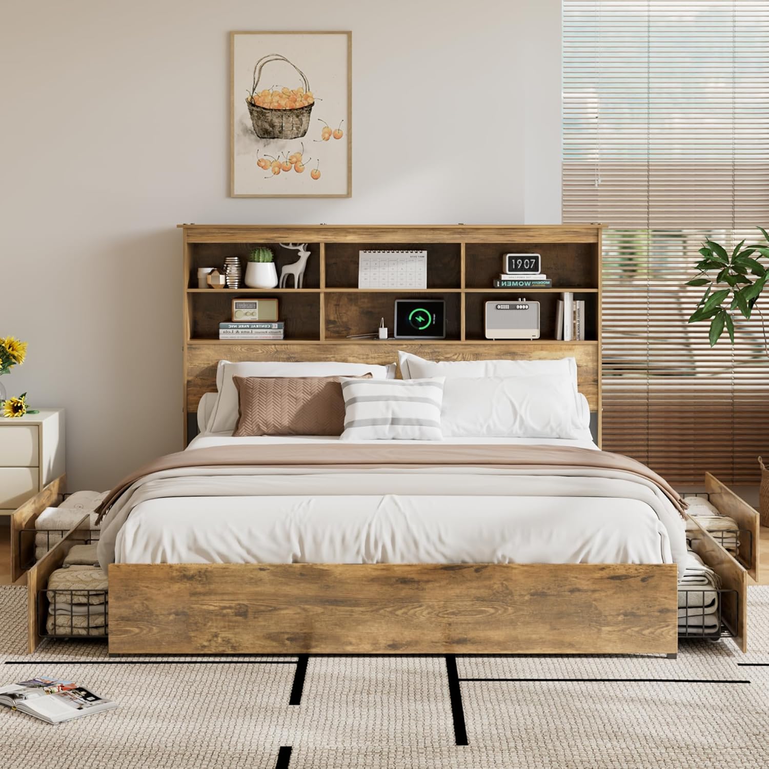VECELO King Size Bed Frame with 50" Tall Storage Bookcase Headboard, 4 Large Storage Drawers & Charging Station, Heavy-Duty Metal Slats/No Box Spring Needed, Rustic Brown