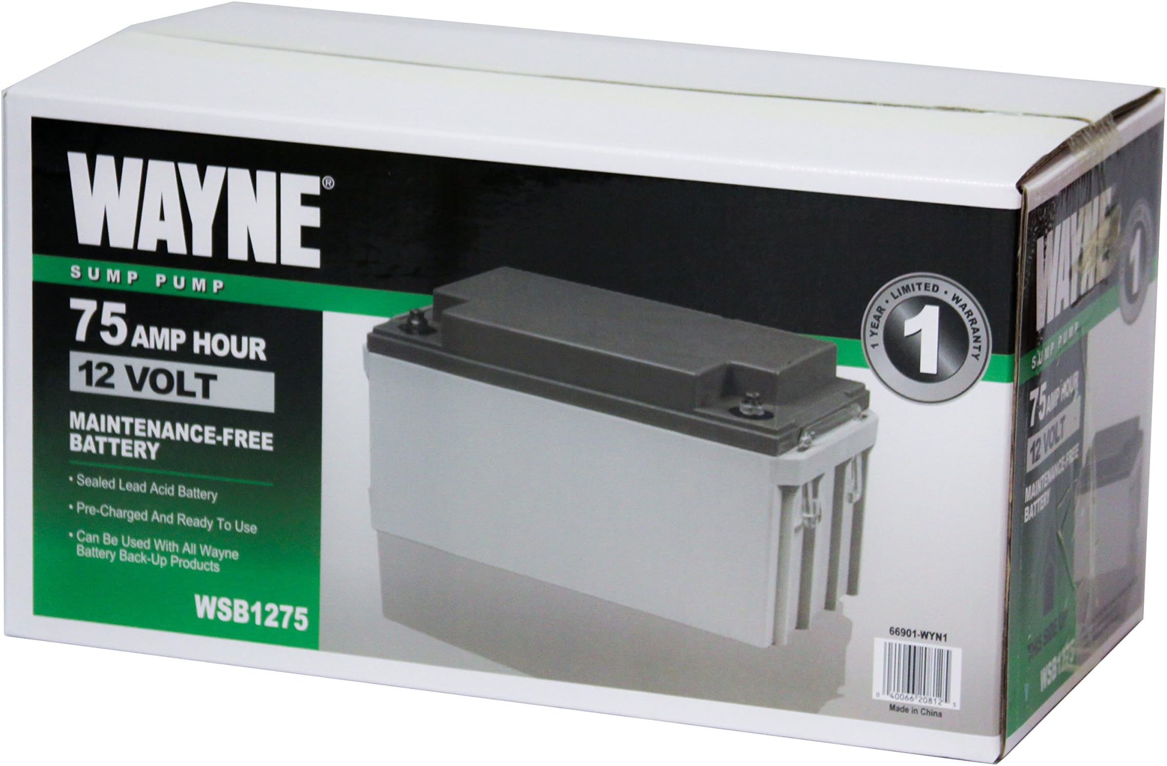 Wayne WSB1275-75Ah Maintenance-Free Battery - Recommended ESP25n, WSS30Vn Basement Guardian Back-Up Sump Pump Systems