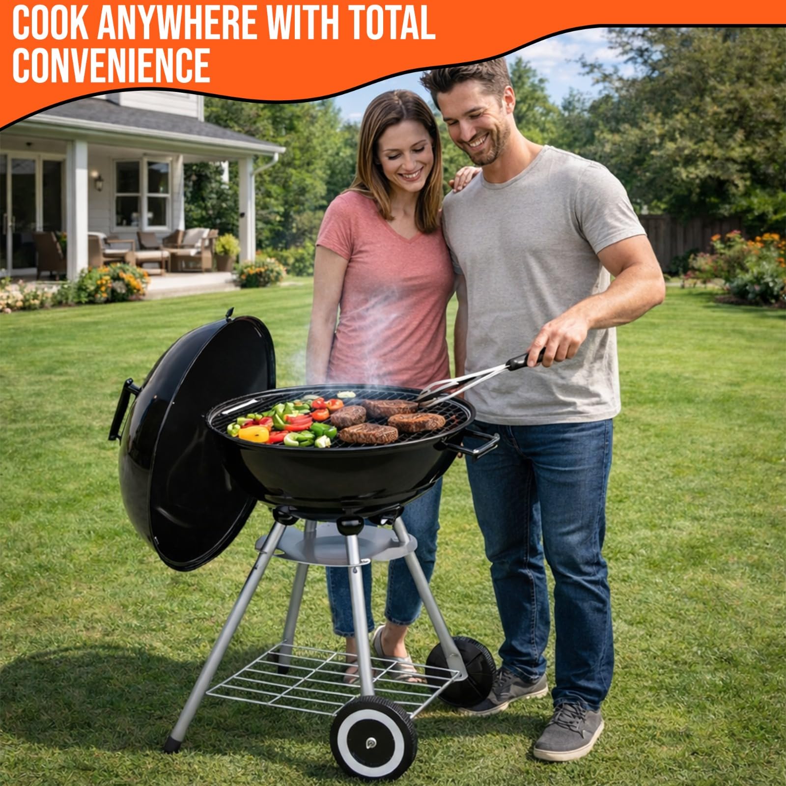BBQ Grill Patio Portable Charcoal BBQ Kettle with Cover & Cooking Utensils Tools, heels Stand Garden Camping Caravan Outdoor Barbecue Ball Rounded Bbq on wheels Black 43.5 cm Stainless Steel — view 7
