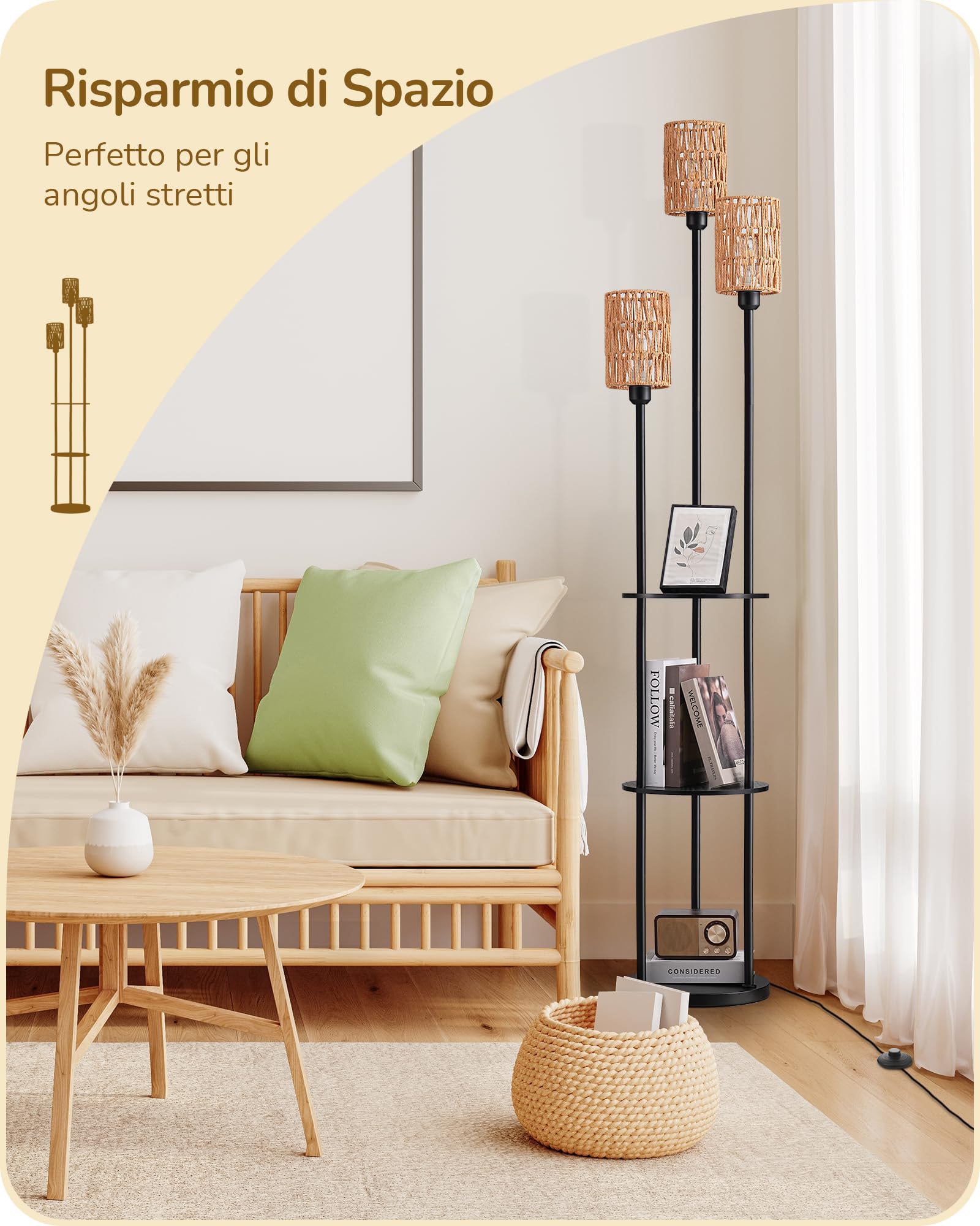 EDISHINE Lampada da Terra Boho Vintage con Mensola e Ripiano Portaoggetti, Piantana 3 Luci E27 con Paralume in Rattan, Lampadine Incluse, Interruttore a Pedale, Lampada Salotto Moderna 178 cm