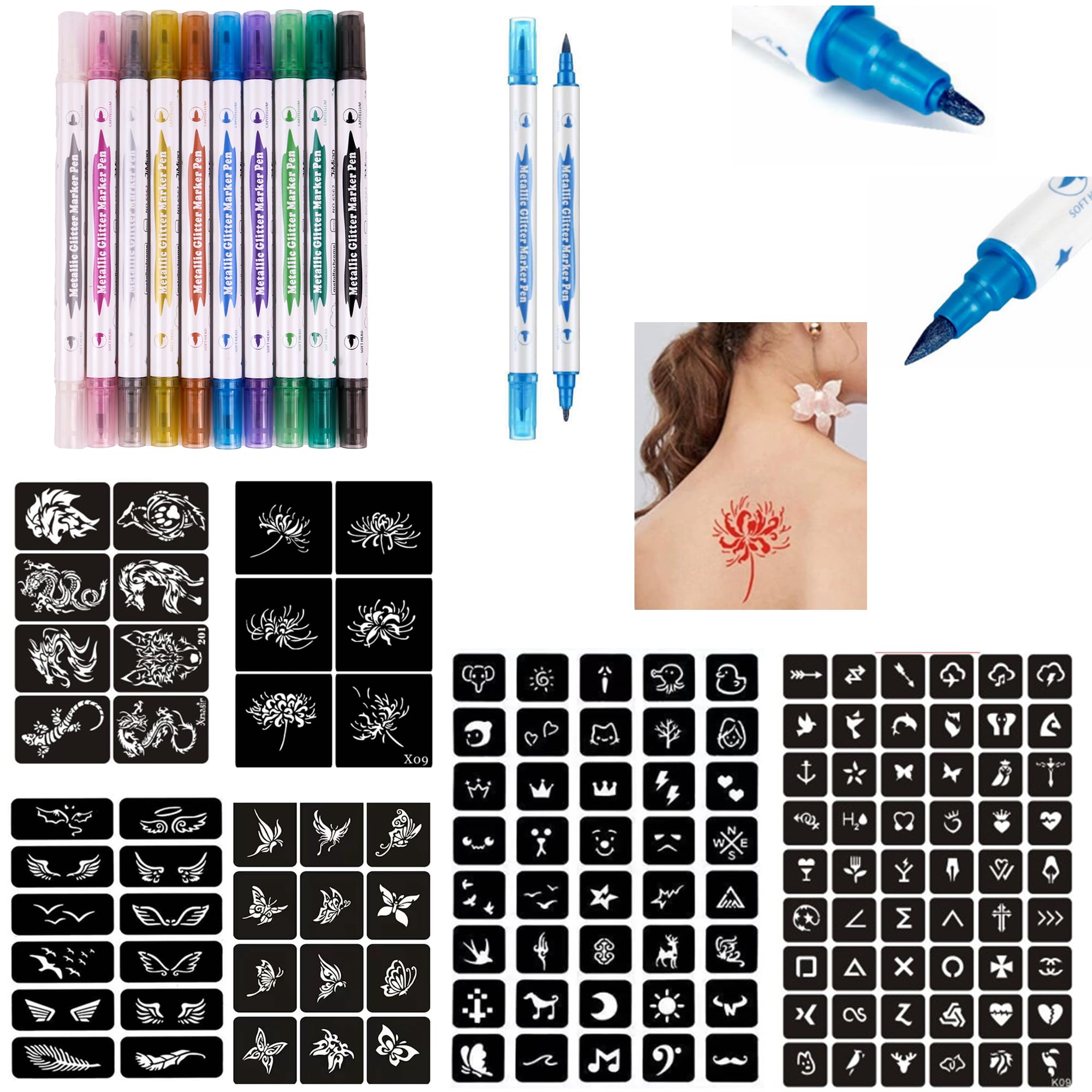 Temporary Tattoo Markers for Skin,JinYan 10 Body Markers + 132 Large Tattoo Stencils for Adults Tattoo Stencils of Assorted Colors for Adults with Cosmetic-Grade Temporary Tattoo Pen