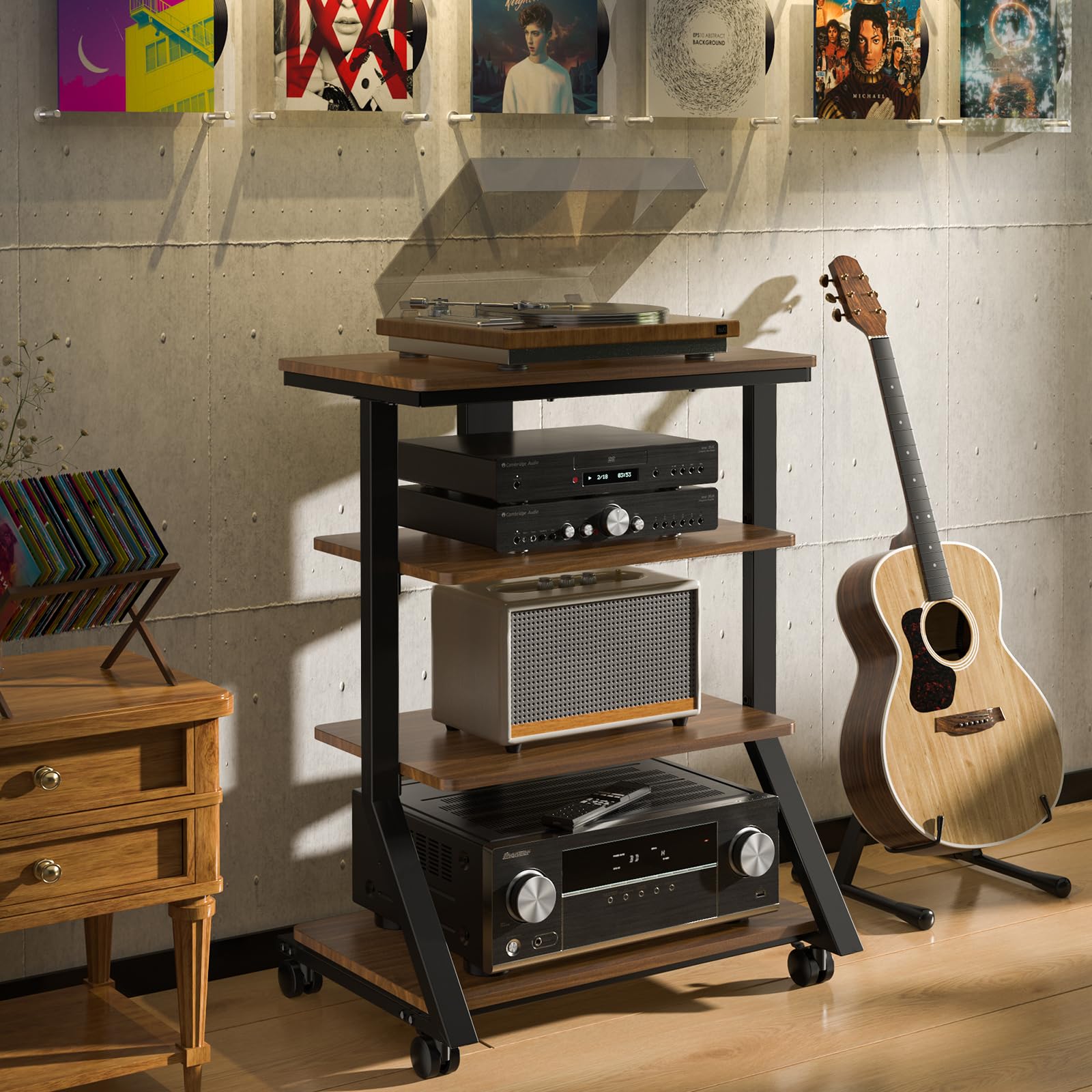 5Rcom Rack e supporti HiFi Audio Rack Armadio AV Mensola Movimento Stand 4 Ripiani in legno per Giradischi Lettore DVD Unità di intrattenimento Multifunzionale Altezza Regolabile Capacità di carico 54