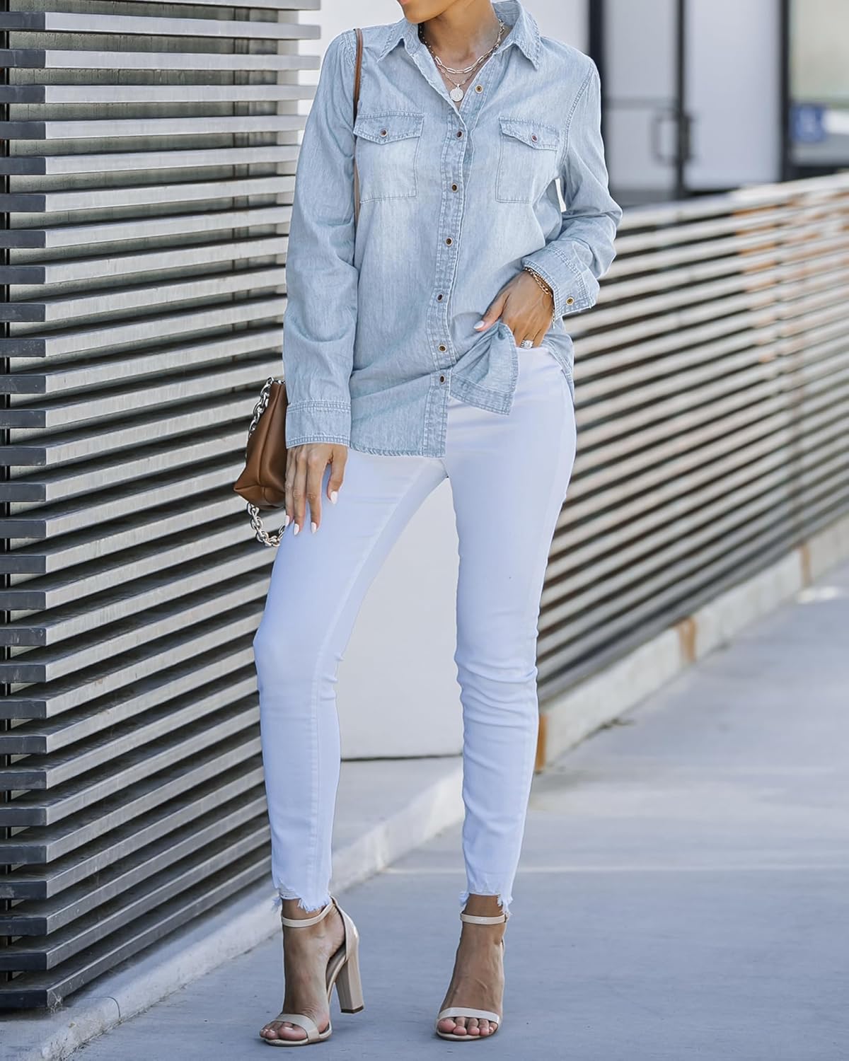 LookbookStore Women's Long Sleeve Collared Shirt Button Down Denim Blouse Tops - Image 6