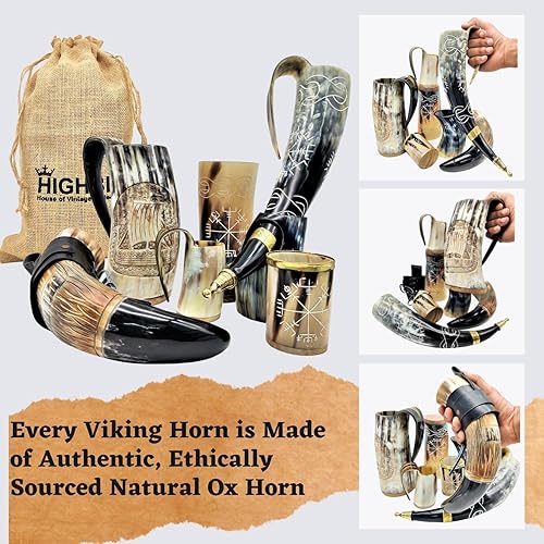 Miniatura 5 de HIGHBIX Royal Viking - Juego de 6 tazas auténticas hechas a mano con cuerno de beber de los vikingos (juego real de vikingos)