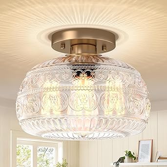 Semi Flush Mount Ceiling Light Fixture, 11" Vintage Gold Hallway Lights Fixture Ceiling with Clear Glass for Kitchen, Hallway, Bathroom and Entry Way,Compatible with E26 Light Bulb