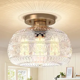 Semi Flush Mount Ceiling Light Fixture, 11" Vintage Gold Hallway Lights Fixture Ceiling with Clear Glass for Kitchen, Hallway, Bathroom and Entry Way,Compatible with E26 Light Bulb