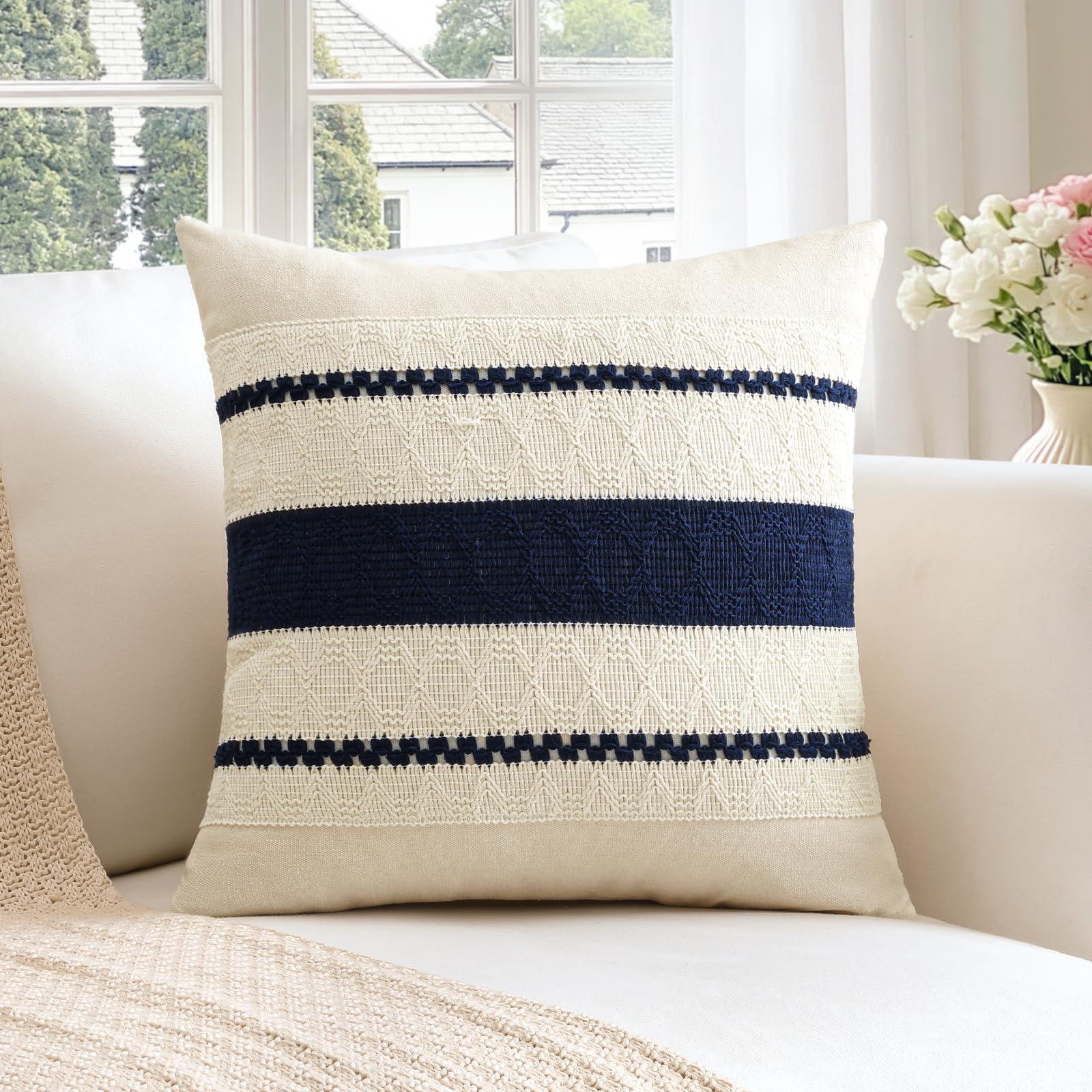 Sungeek Set of 1 Navy Blue Boho Decorative Cushion Cover 60x60cm Soft Cotton Throw Pillow Case Farmhouse Rustic Woven Textured Square Pillow Cover 24x24 Inch for Sofa Bed Couch Patio Living Room โ image 1
