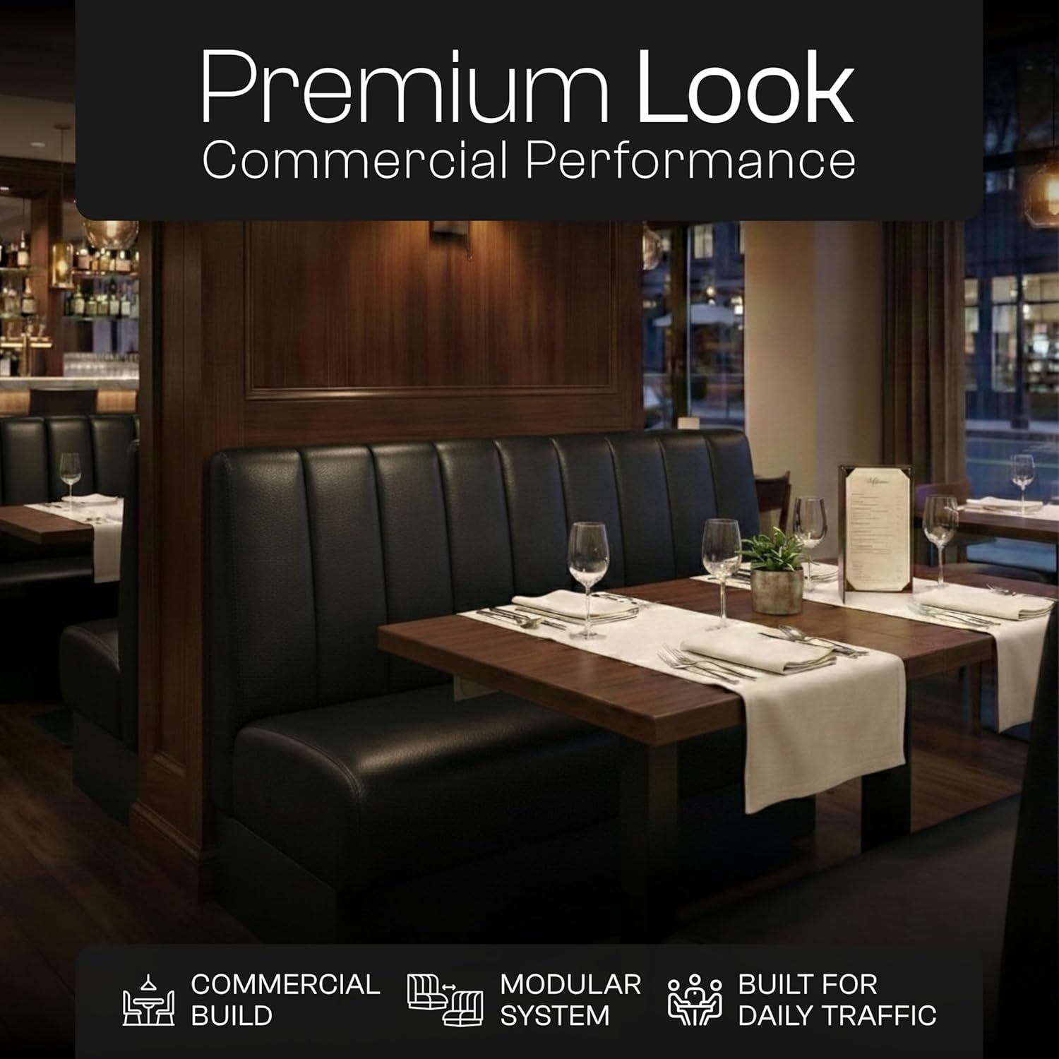 48" Restaurant Booth Seating Bench – 36" High Vertical Channel Upholstery Commercial Banquette, Birch Plywood Frame, High-Density Foam, Black Vinyl for Café & Restaurant Seating