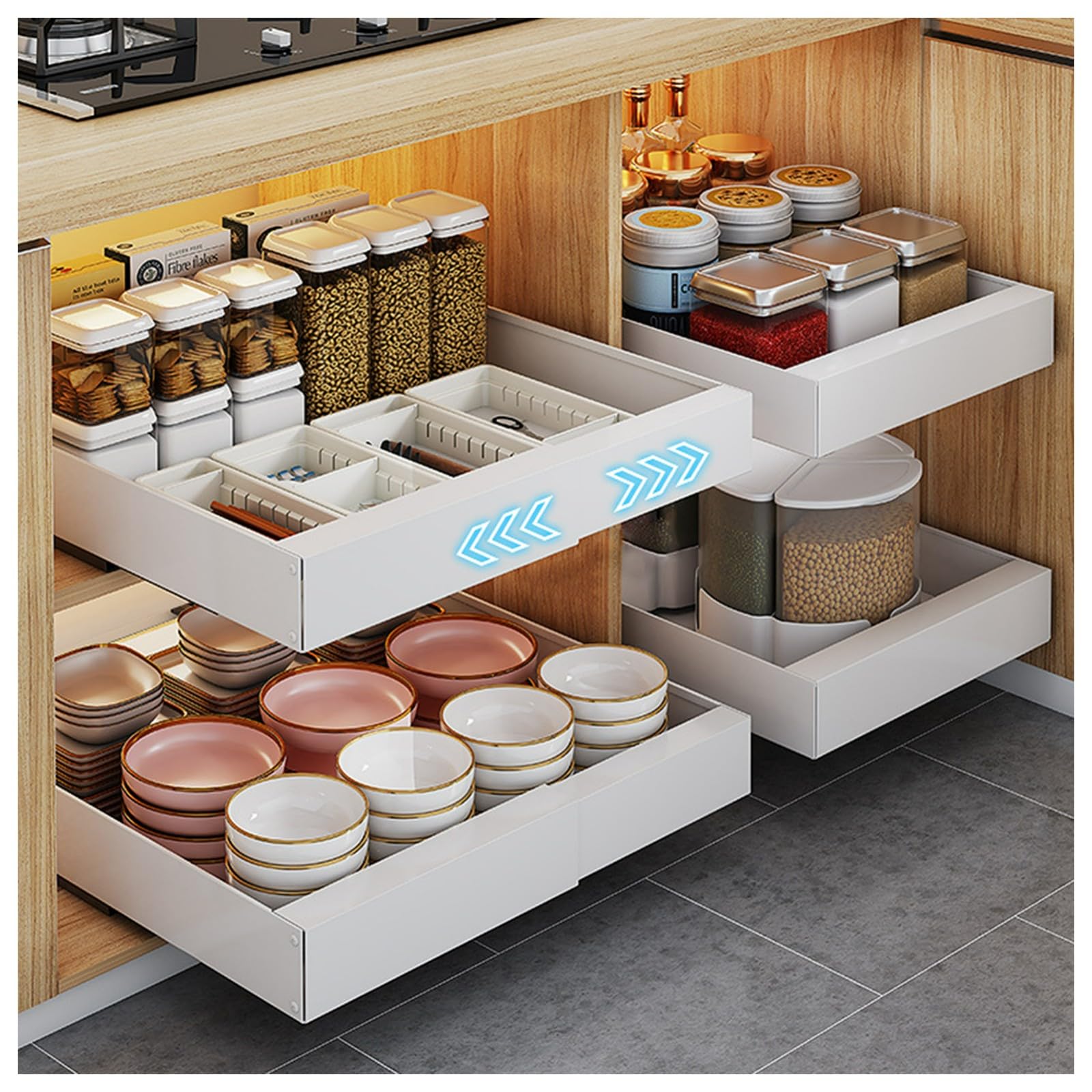 Scaffali estraibili da cucina espandibili resistenti con 3 cassetti salvaspazio Ra (30-46 cm di larghezza x 42,9 cm di profondità x 7 cm di altezza), confezione da 2, bianco