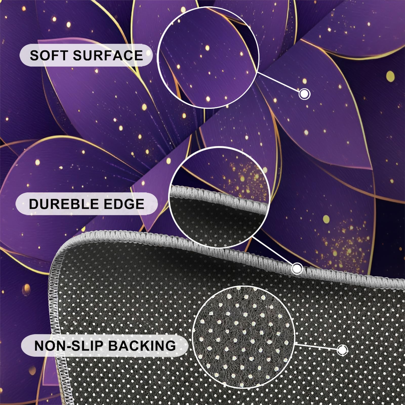 Tapis rond à fleurs violettes pour salon, bordure dorée pour chambre à coucher, tapis circulaire de luxe mandala 3D lavable, antidérapant, tapis décoratif