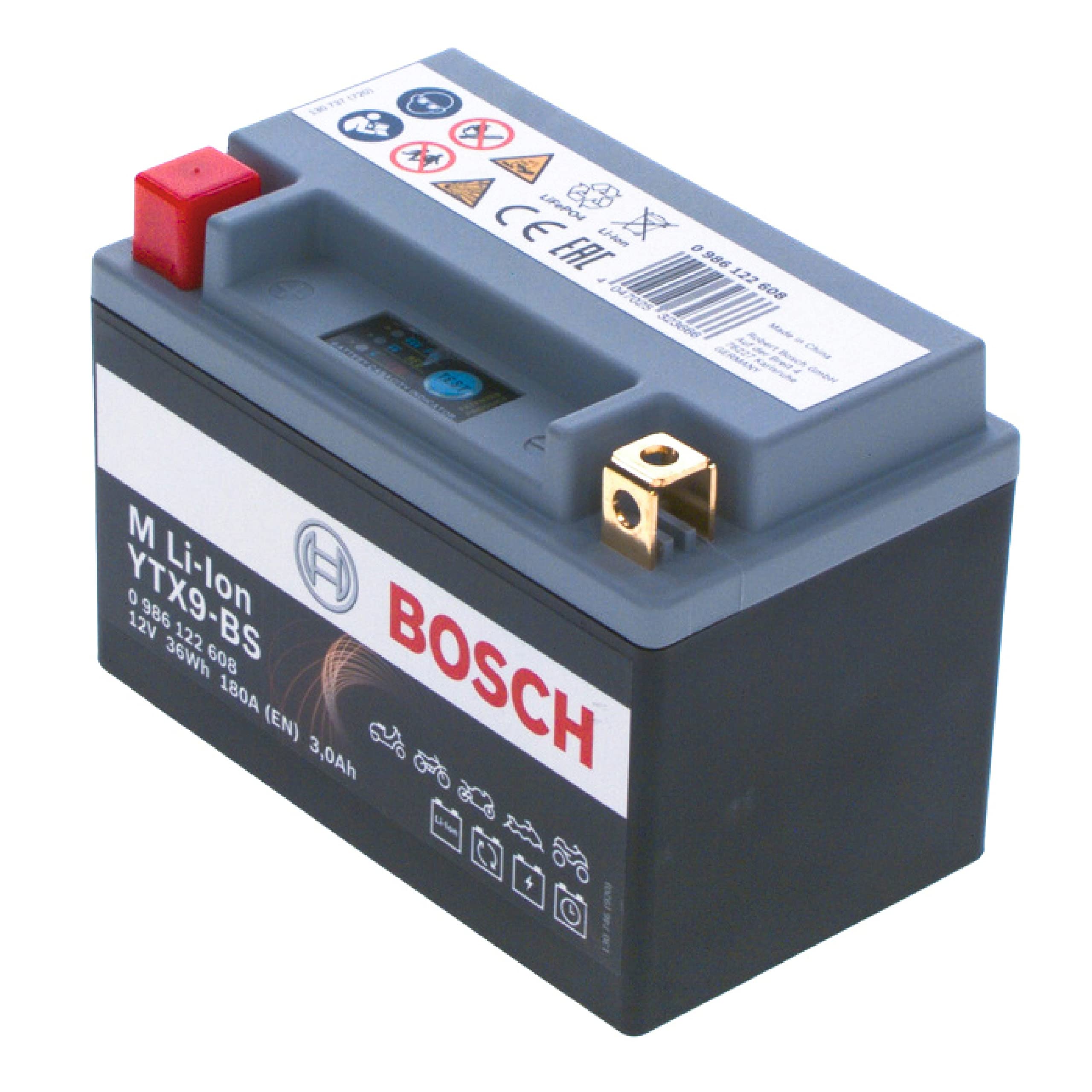 Bosch 0986122608 - Batería de Ion-Litio para Motocicletas 12V 180A 3Ah Ion-Litio equivalente a 9Ah Plomo-Ácido - Adecuada para motocicletas, motos, enduros, scooters, quads, motos de agua - BTX9-BS