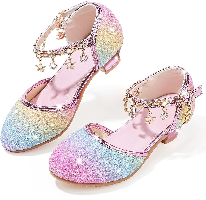 LECYGNB Chaussure Princesse Fille Paillettes Déguisement Talon Haut Cosplay Mariage Noël Anniversaire Cérémonie Fête Danseuses Ballerines Sandale Crystal Bling