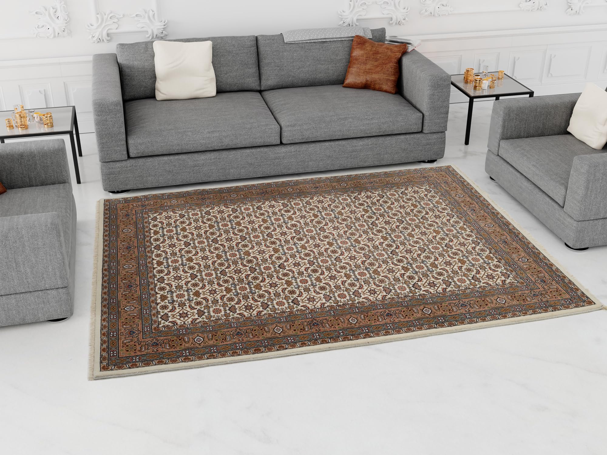 BADOHI HERATI handgeknüpfter Orientteppich Naturfaser Kurzflor hochwertige Qualität in Creme Braun Beige Größe: 60x90 cm Diele, Esszimmer, Flur, Kinde