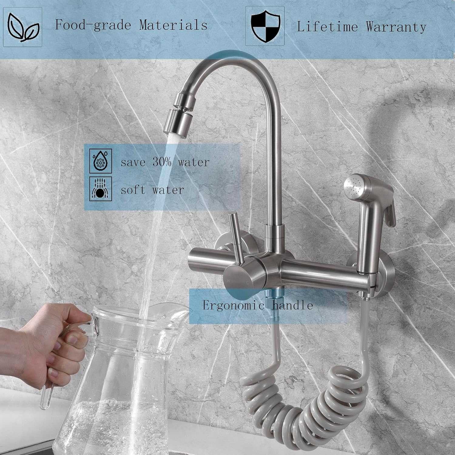 8" Center Wall Mount Kitchen Faucet with Side Sprayer, Brushed Nickle Stainless Steel Sink Mixer Tap, Lead-Free, 360° Swivel Spout