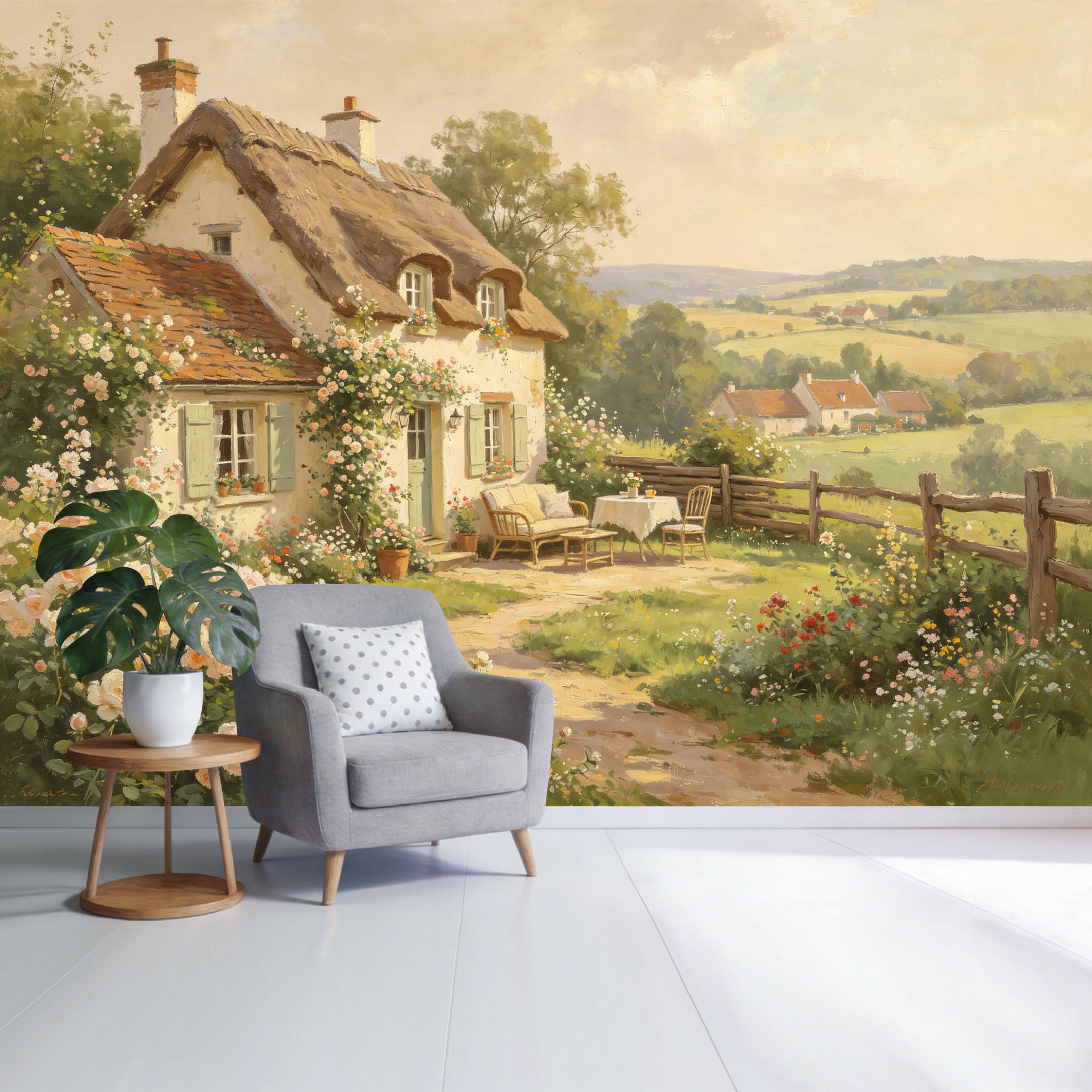 Custom Size Wall Mural Countryside Cottage Garden Landscape Vintage Farmhouse Floral Oil Painting Style SelfAdhesive Wall Fabric Removable Wallpaper for Home Office Decor