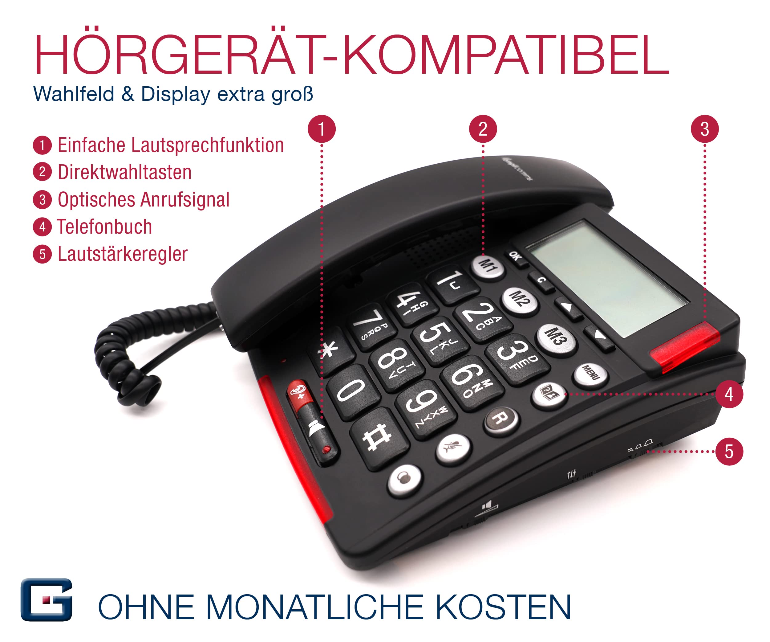 Model 2022/23 telefon dla seniorów telefon alarmowy dla seniorów z nadajnikiem radiowym SOS, przewodowy telefon stacjonarny, 1 nadajnik bransoletki, duże przyciski, kompatybilny z aparatami słuchowymi