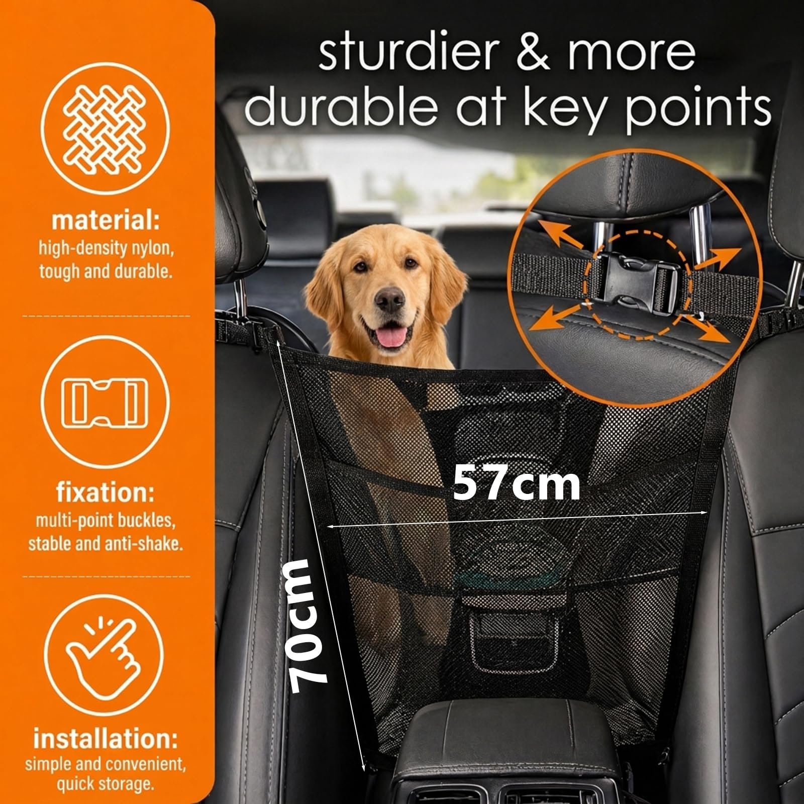 Griglia per Cani per Auto con Tasche portaoggetti 69x57cm, Rete divisoria Universale in Nylon, barriera di Sicurezza per Sedile Posteriore e Anteriore