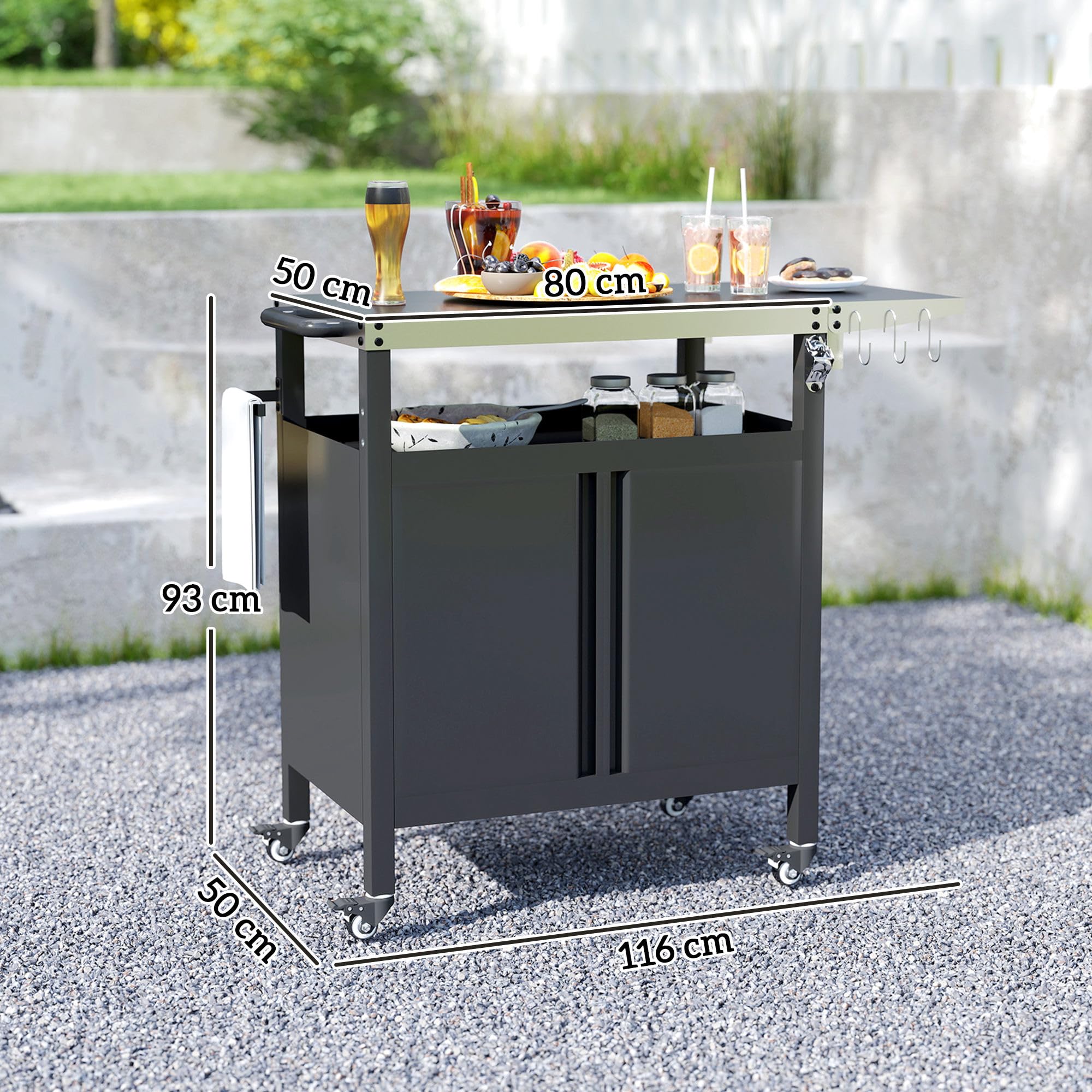 Outsunny Chariot de Barbecue avec Tablette Pliable, desserte pour Plancha en Acier Inoxydable, roulettes, 116 x 50 x 93 cm, Noir