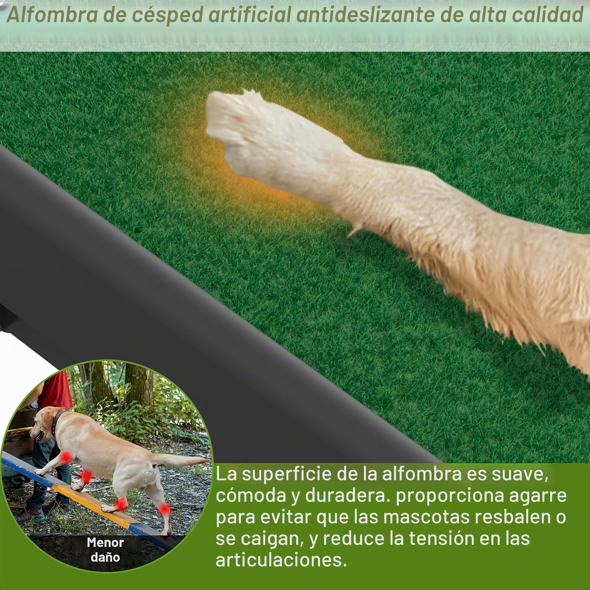 UISEBRT Rampa para perros con césped artificial, plegable para coche, escaleras para perros, rampa para maletero para mascotas, antideslizante, resistente, hasta 90 kg, 156 x 40 cm, verde
