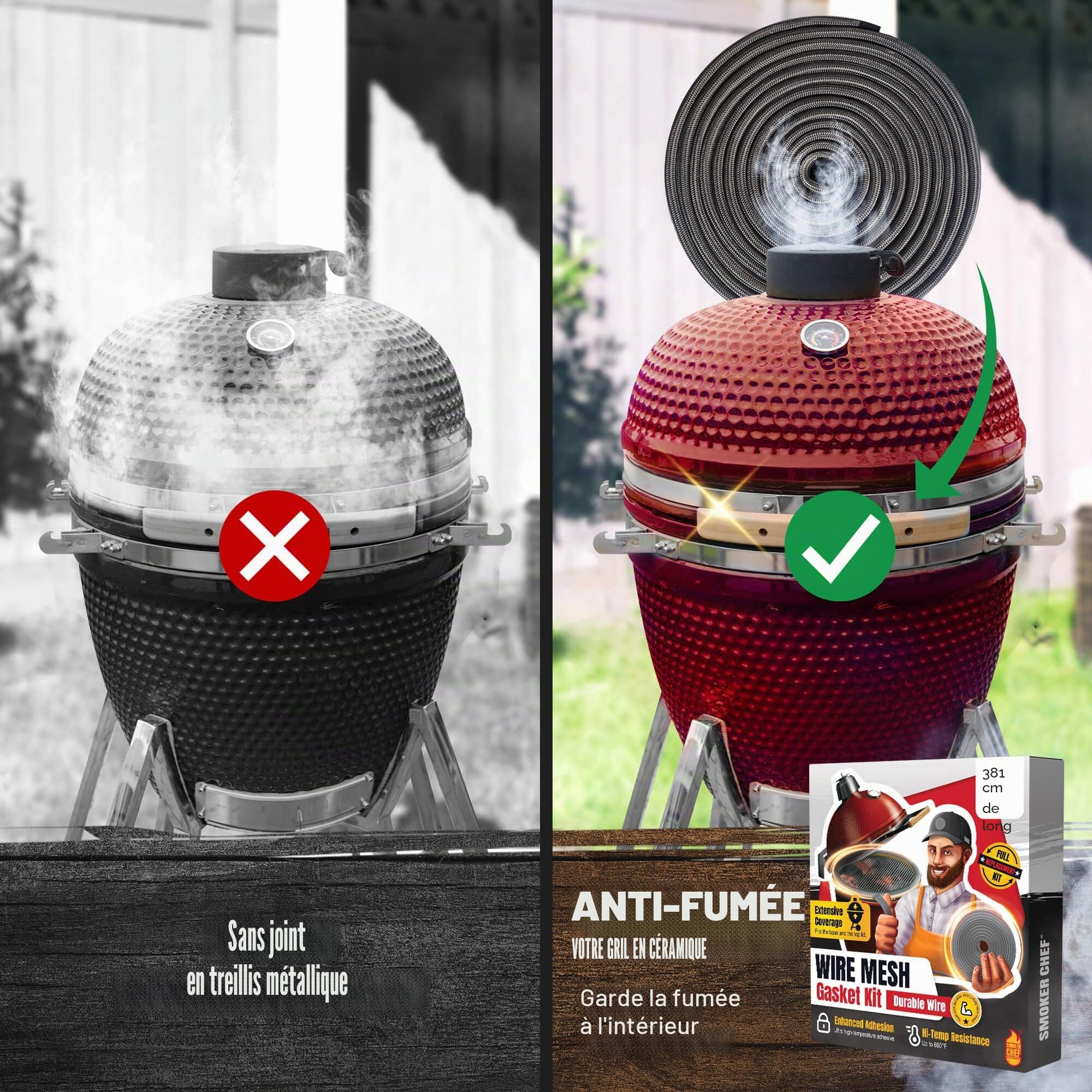 Kit de joints en maille métallique pour Kamado Joe Classic – Kit de remplacement de joint en fibre de verre de 381 cm – Convient pour Big Green Egg – Accessoires et pièces de rechange Kamado – Joint