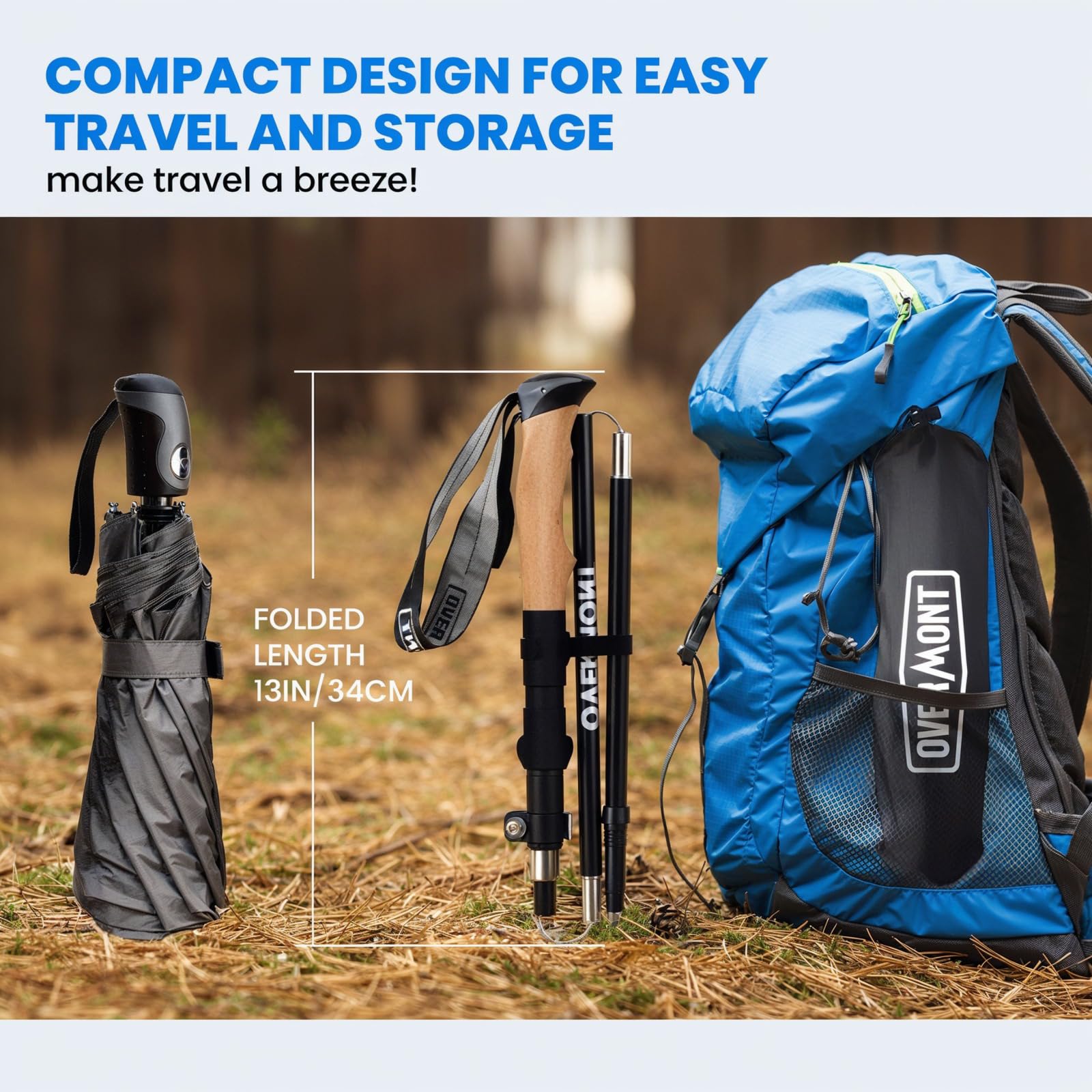 Overmont Bastoni Trekking e Escursionismo Pieghevoli in Fibra di Carbonio Ultraleggeri Antiscivolo - Regolabili 110-125 cm - 1 Paio Nordic Walking per Camping, Sci, Trail e Montagna - Nero