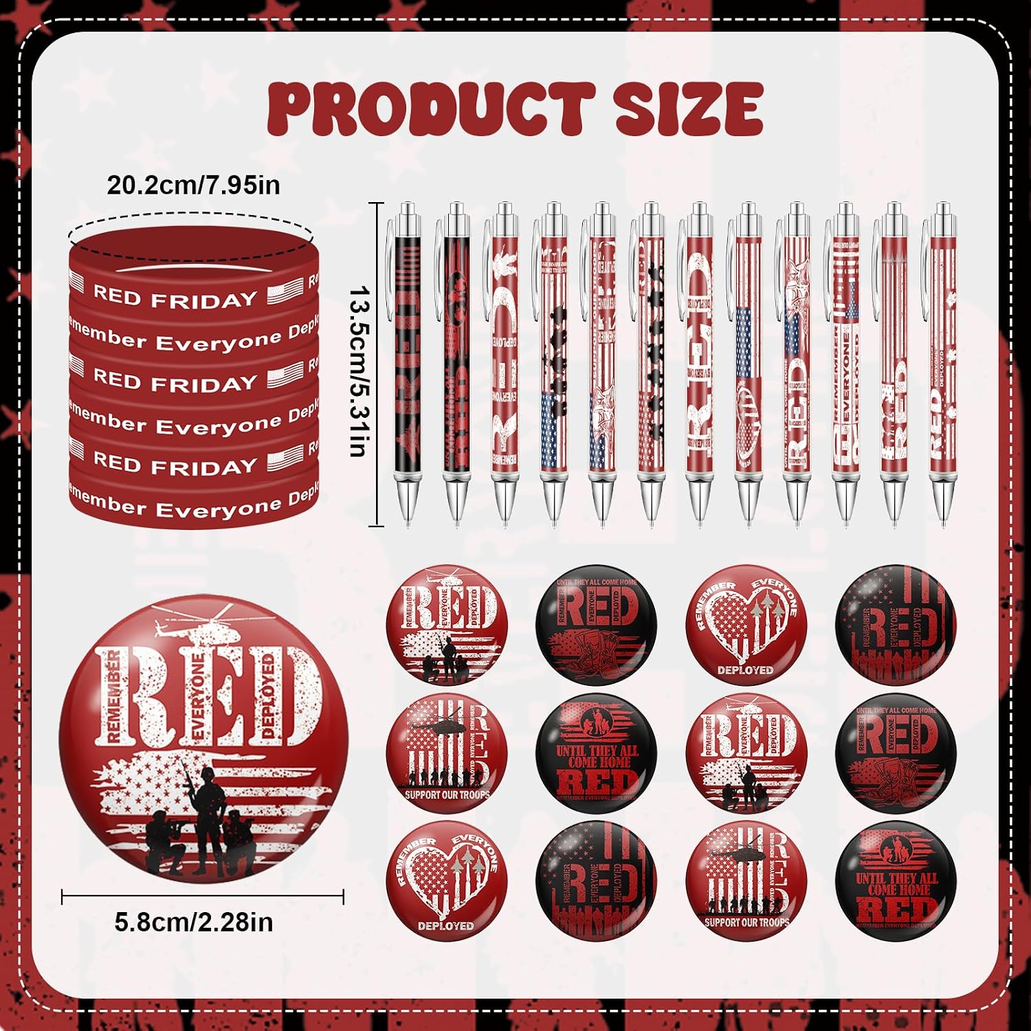 36 Sets Red Friday Gifts Remember Everyone Deployed Silicone Bracelets Ballpoint Pens Iron Pins Patriotic Badge for Red Friday Unisex Awareness Gifts Party Favors Clothing Hats Bags Decoration