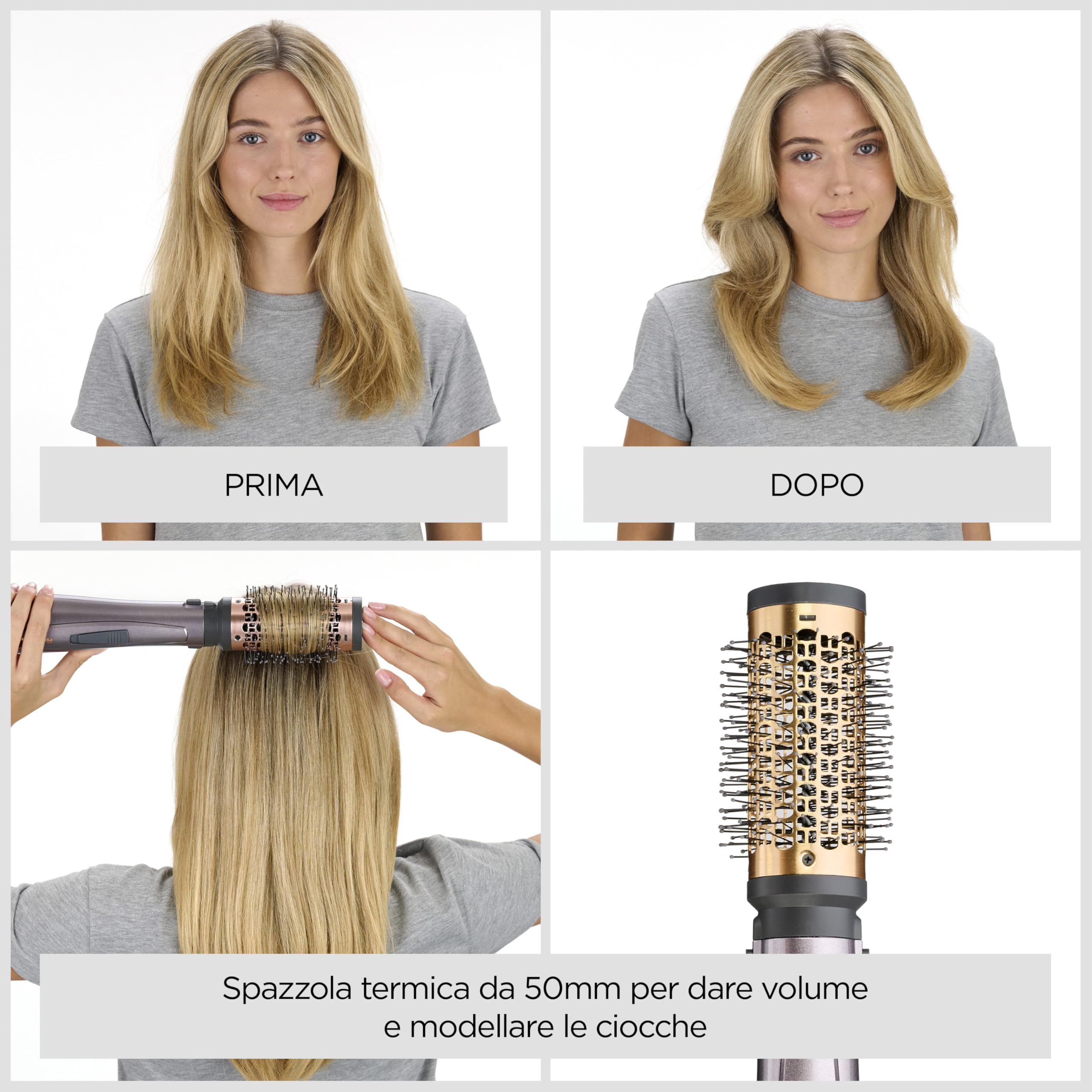 BaByliss Air Style 1000, Spazzola ad aria 4 accessori intercambiabili, asciuga, liscia, dona volume, modella, funzione ionica anti-crespo, grigio & bronzo, AS136E