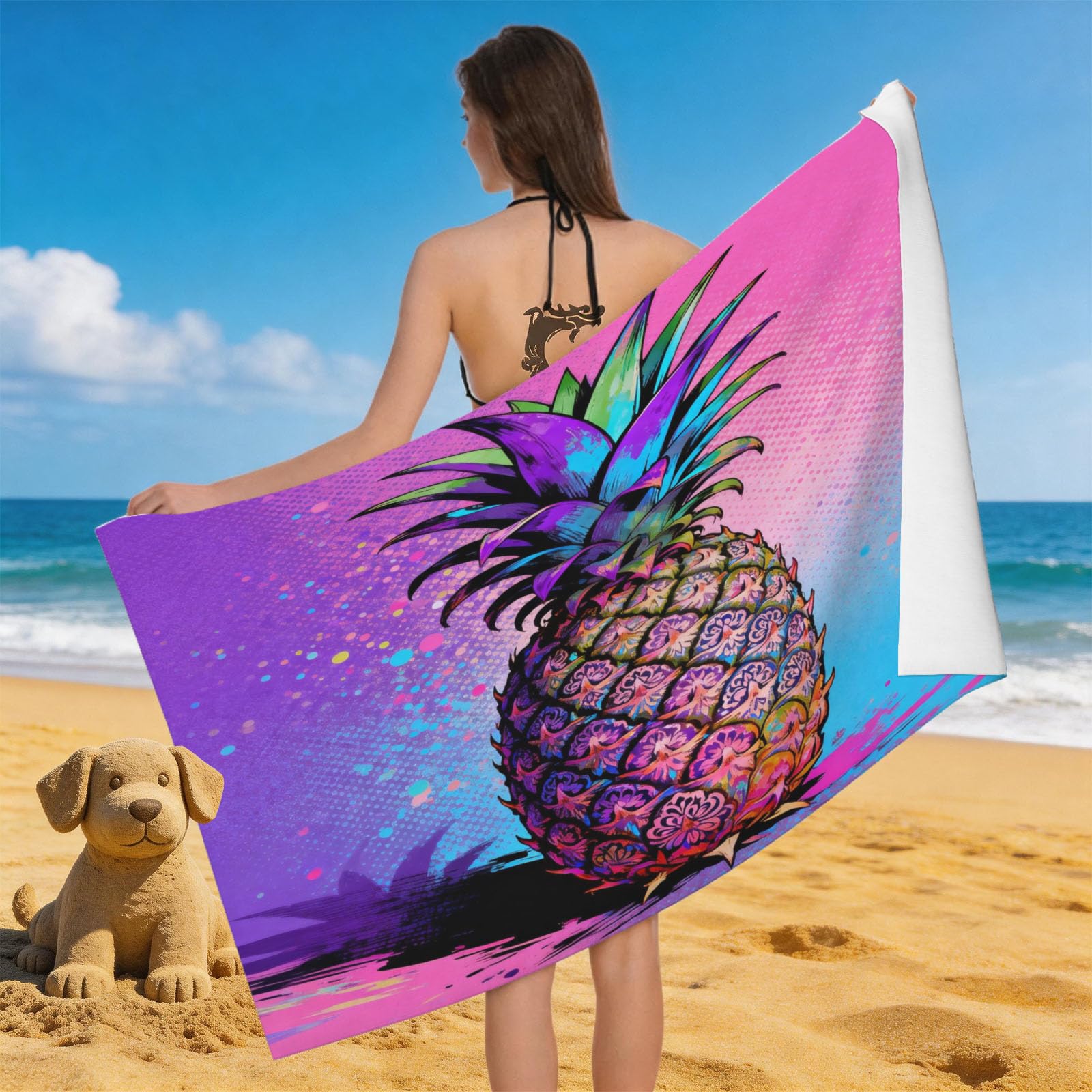 Leichong 3D Cartoon Pineapple Beach Towel Microfiber Soft Quick Dry for Adults, Abstract Art Bath Towel Lightweight Soft Absorbent for Travel Swimming Pool Sports, 75 x 150 cm