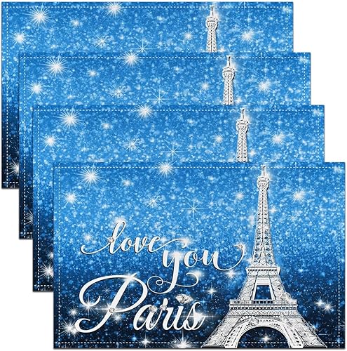 Erosebridal Juego de 4 manteles individuales románticos de la Torre Eiffel para niñas, color azul, negro y blanco, manteles individuales de París de