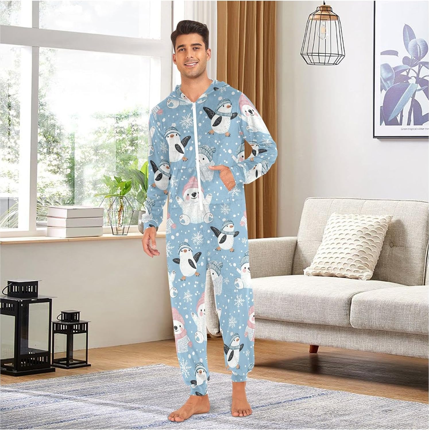 ZZKKO Polar Bear Penguin Blue Snowflake Adult Onesie Pajamas for Women Men Cozy One Piece Pajamas Costume Zip-Up Hooded S-XL