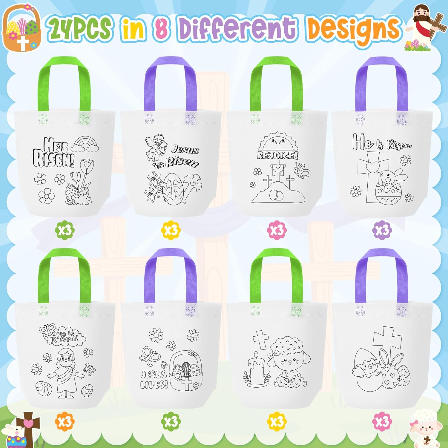 Easter Coloring Goodie Bags for Kids - 24Pcs He is Risen Bulk Color Your Own Gift Bags with Handle Religious Jesus Reusable Non Woven Coloring Tote Packet for DIY Crafts Painting Party Favor Supplies