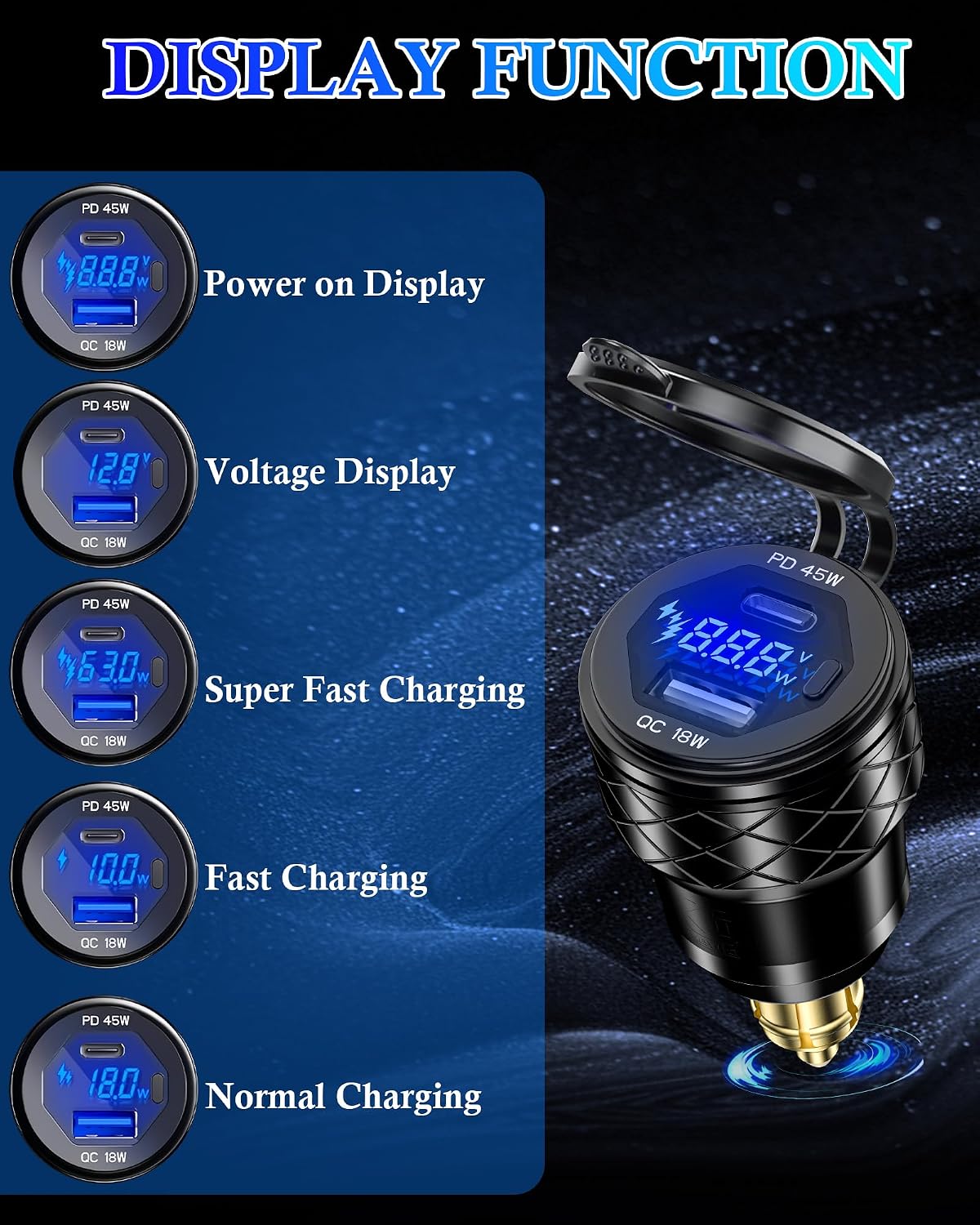 DIN Hella Plug to USB Charger, 45W USB-C PD3.0 & 18W QC3.0 Motorcycle USB Outlet for BMW Triumph Ducati, Waterproof Dual Fast Charge Powerlet Socket with LED Voltmeter