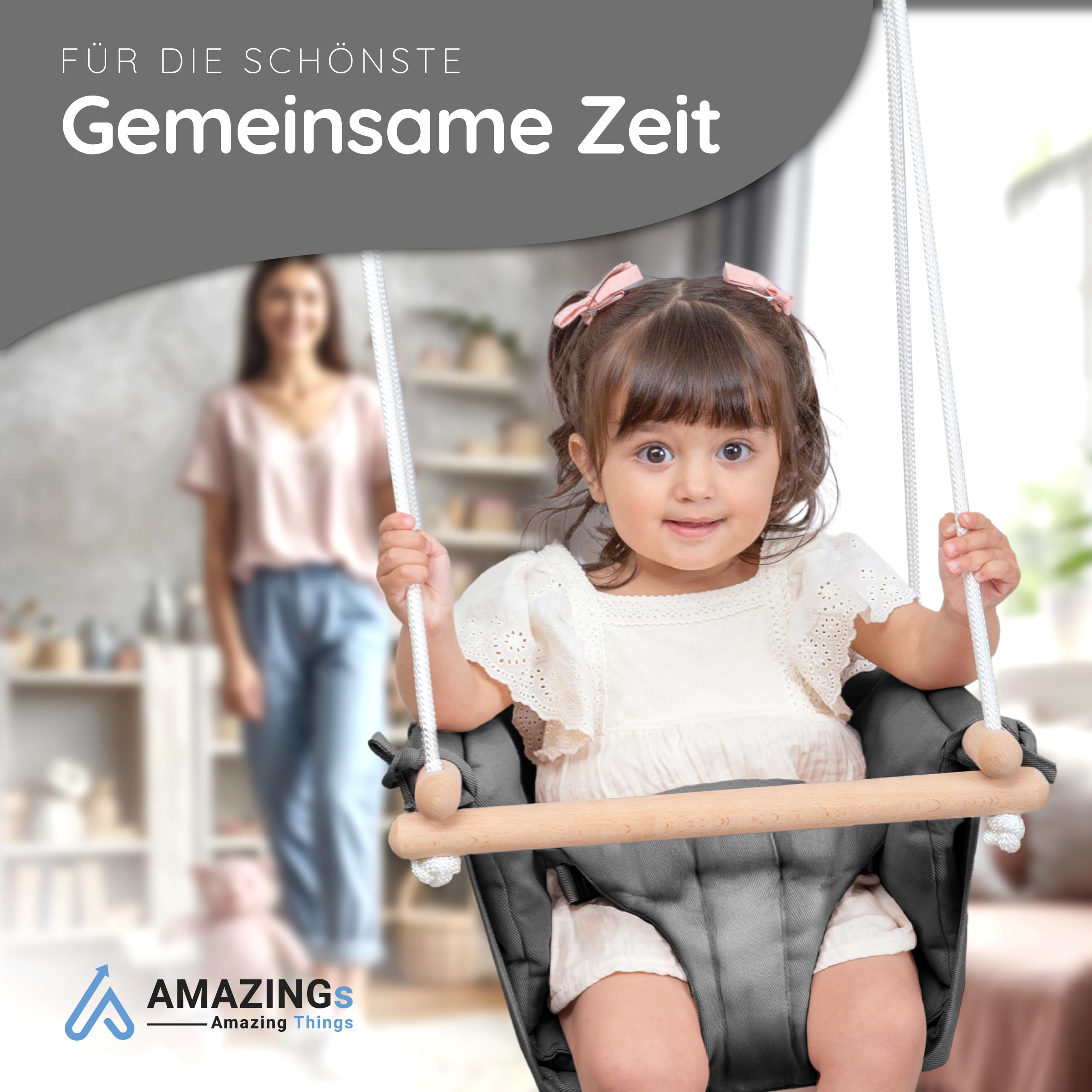 AMAZINGs Baby und Kinderschaukel | Mitwachsende Babyschaukel. Komplettset mit Aufhängung für Indoor und Outdoor | 3 in 1 Gurtsystem. Für Babys und Kinder ab 7 Monate bis 3 Jahre - Grau